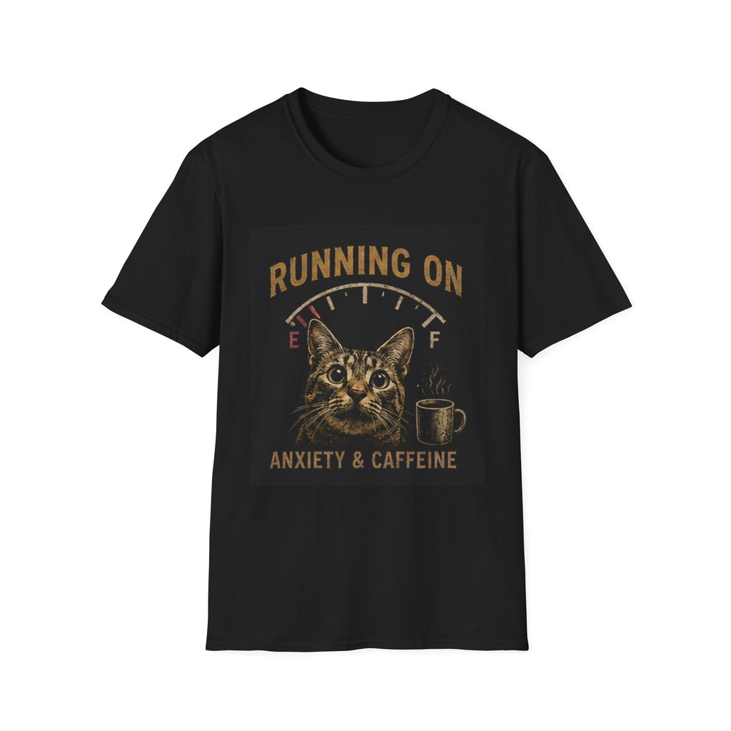 Running On Anxiety & Caffeine cat T-Shirt | Funny Coffee Pet Graphic Tee