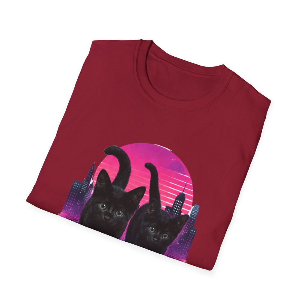 Retro Vaporwave Black Cats T-Shirt | Neon Sunset City
