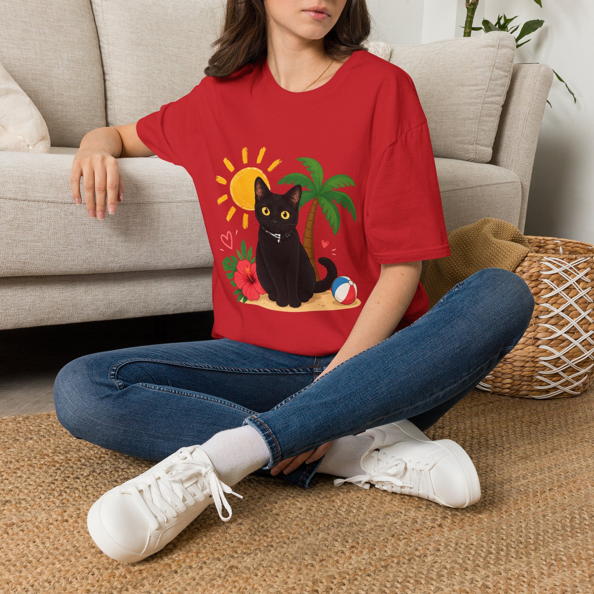 Black Cat Beach Scene T-Shirt | Palm Tree, Sun, Hibiscus