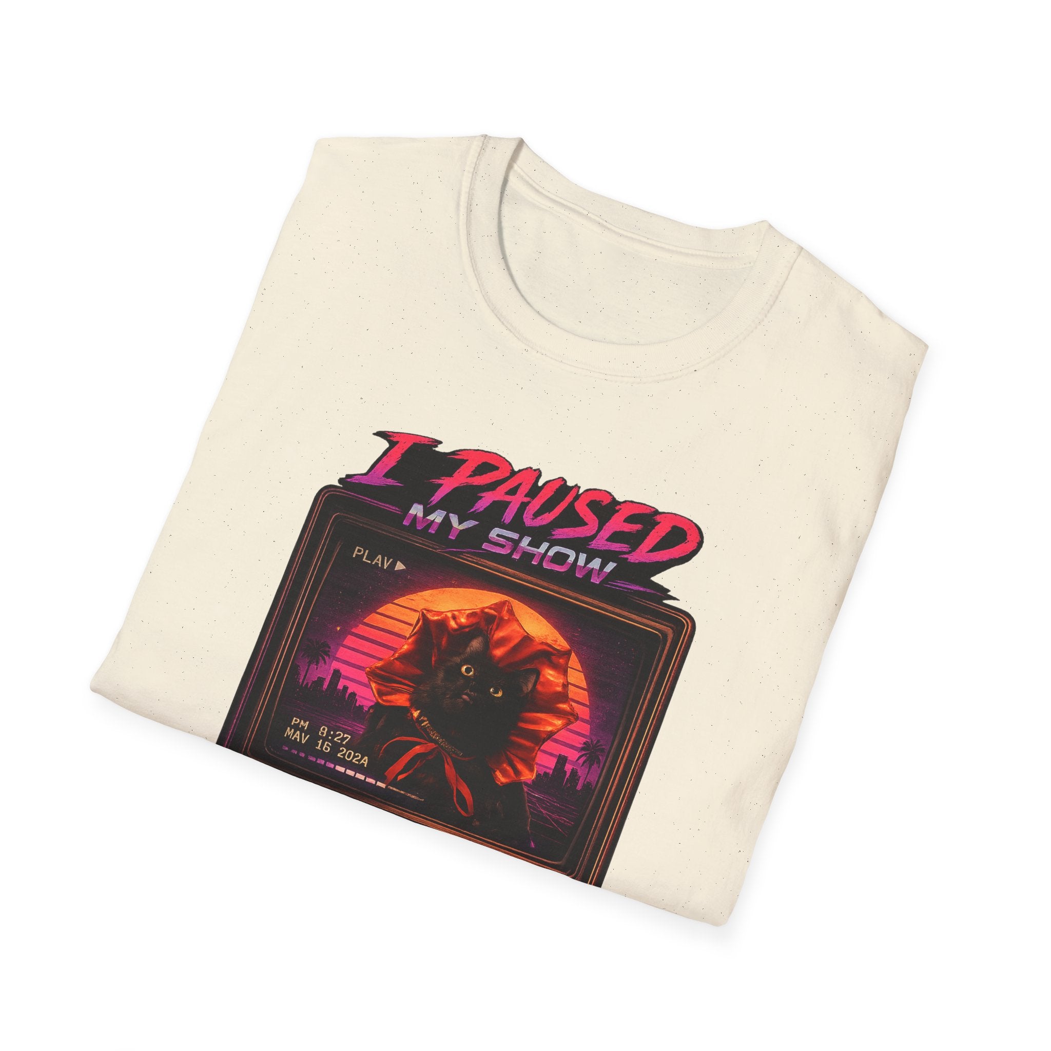 I Paused My Show Cat Watching Graphic T-Shirt | Retro Synthwave TV Design