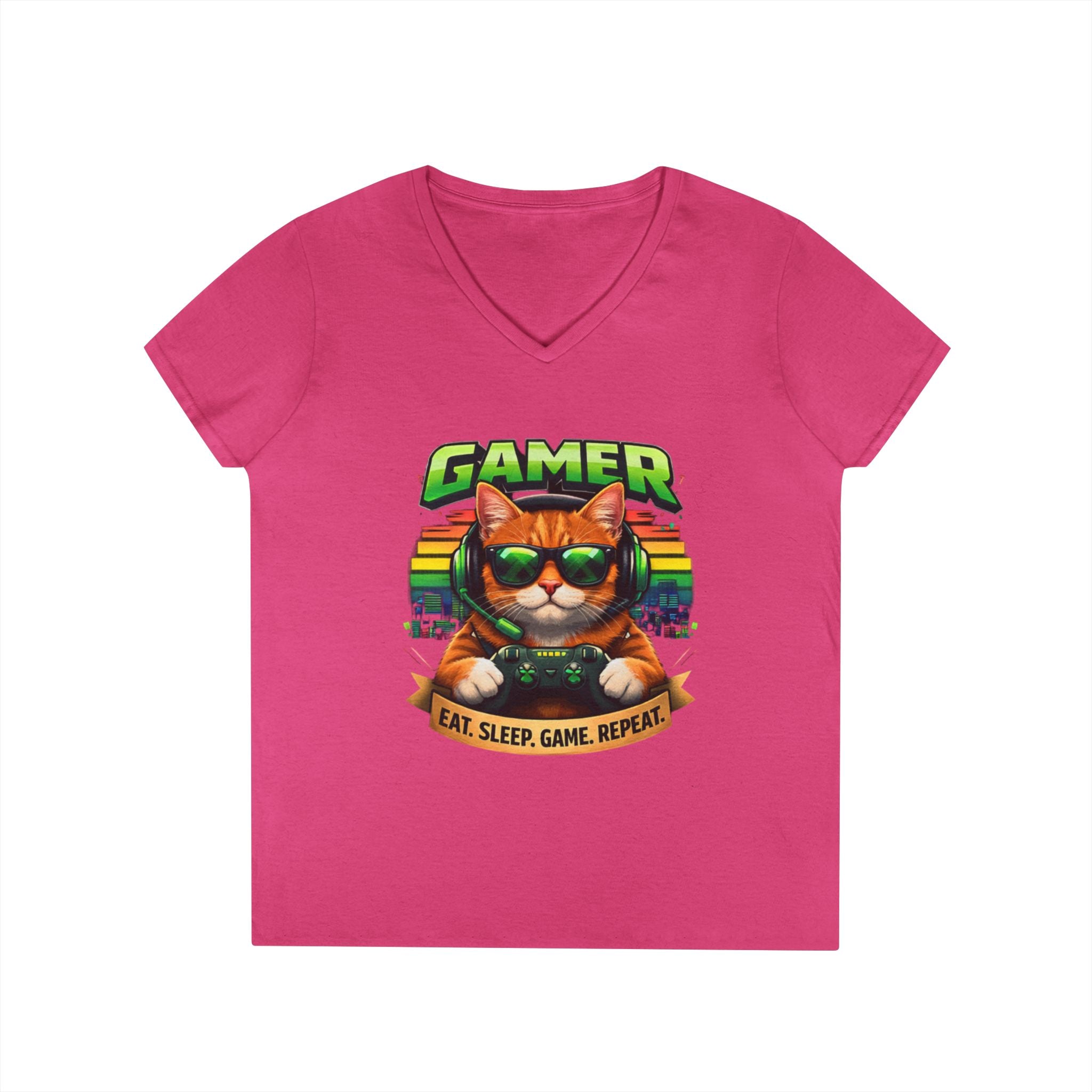 Gamer Cat Graphic Tee Ladies V-Neck T-Shirt | Retro Controller, Eat Sleep Game Repeat