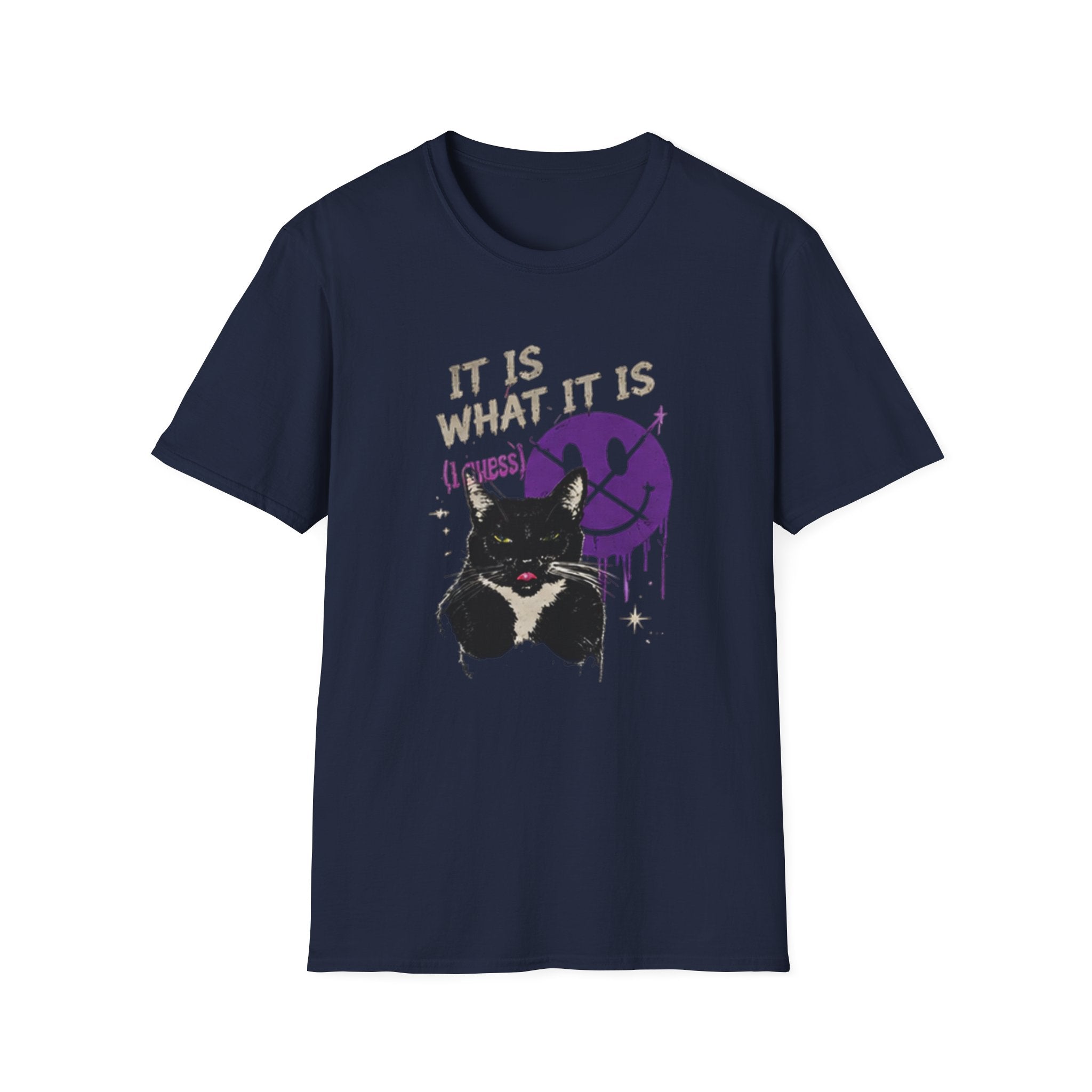 Grinning Black Cat with Purple Drip Smiley T-Shirt | It Is What It Is