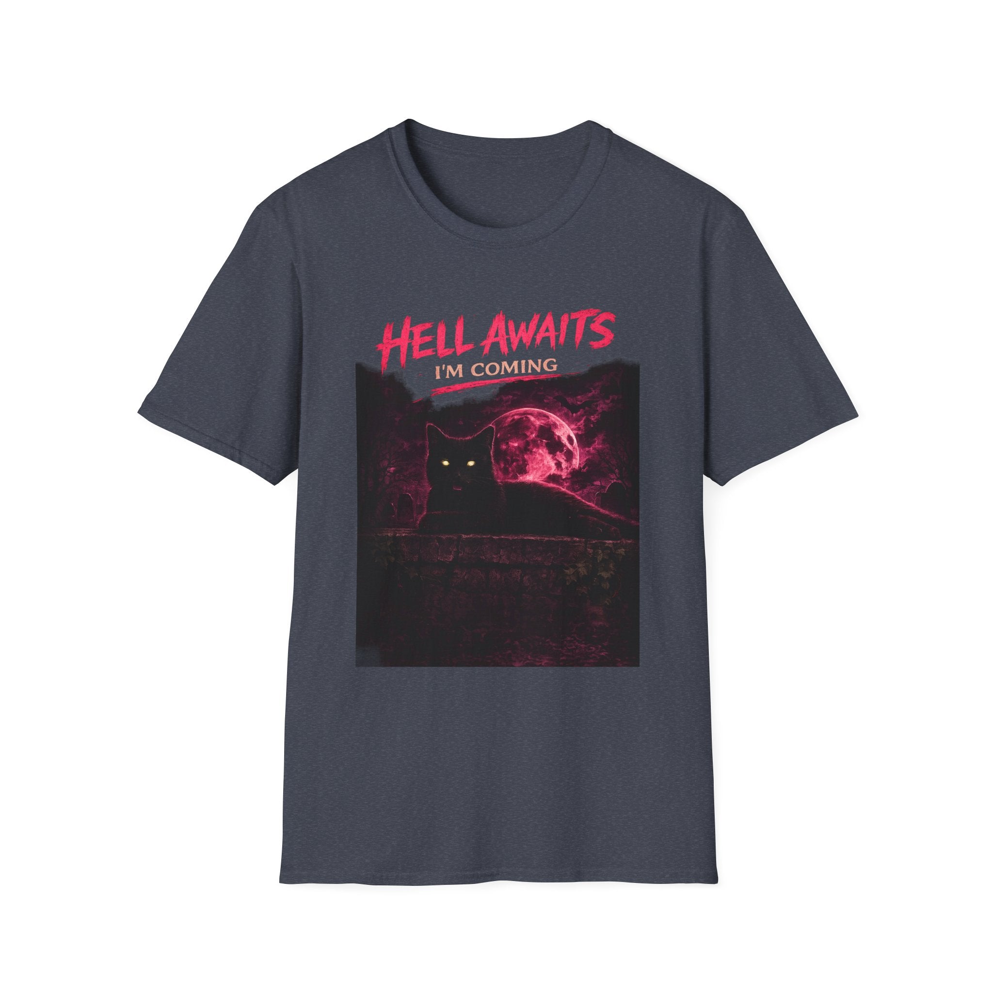 Hell Awaits I'm Coming cat graphic T-Shirt | Gothic moon, neon pink horror