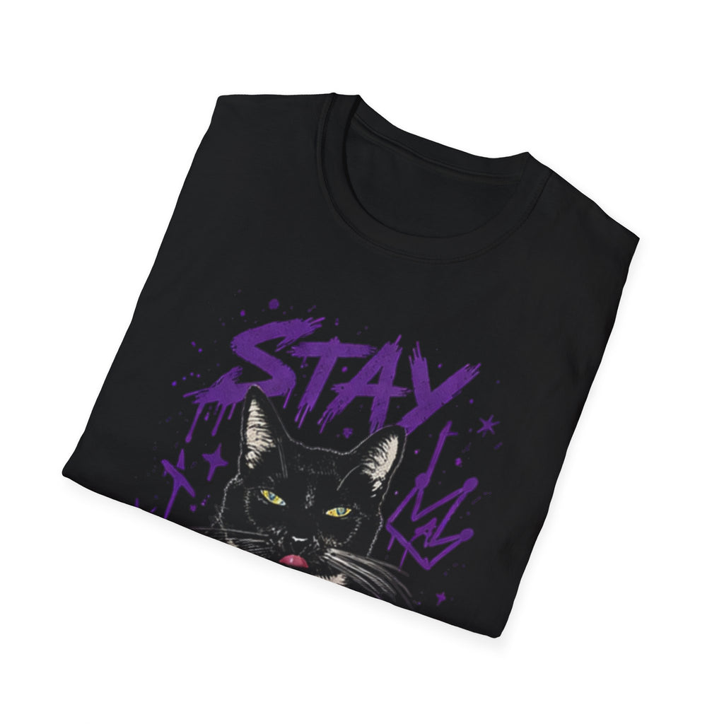 Stay Feral Cat Illustration T-Shirt | Black Cat, Purple Graffiti Text