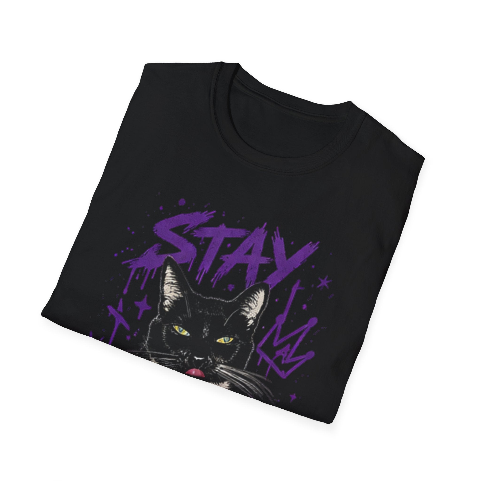 Stay Feral Cat Illustration T-Shirt | Black Cat, Purple Graffiti Text
