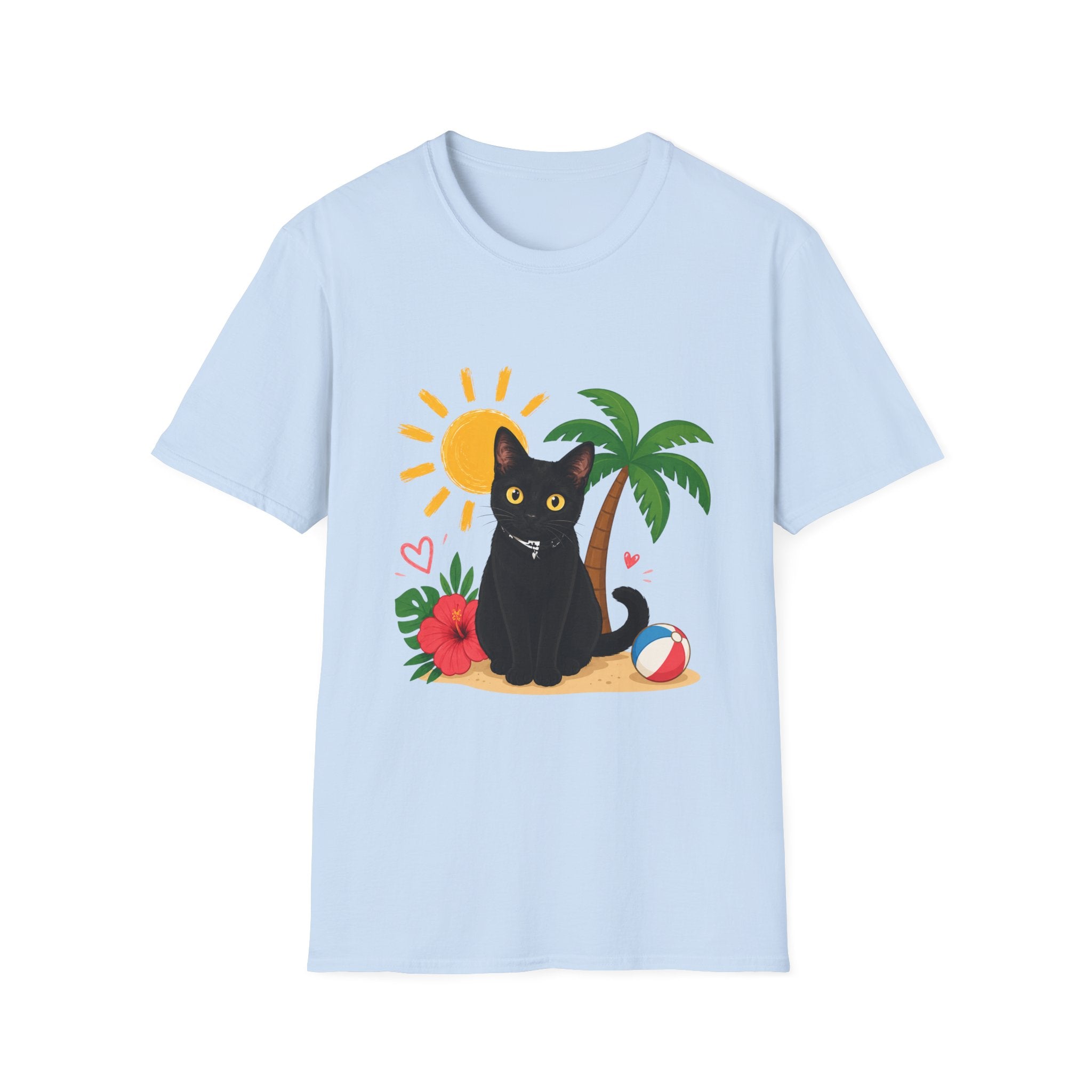 Black Cat Beach Scene T-Shirt | Palm Tree, Sun, Hibiscus