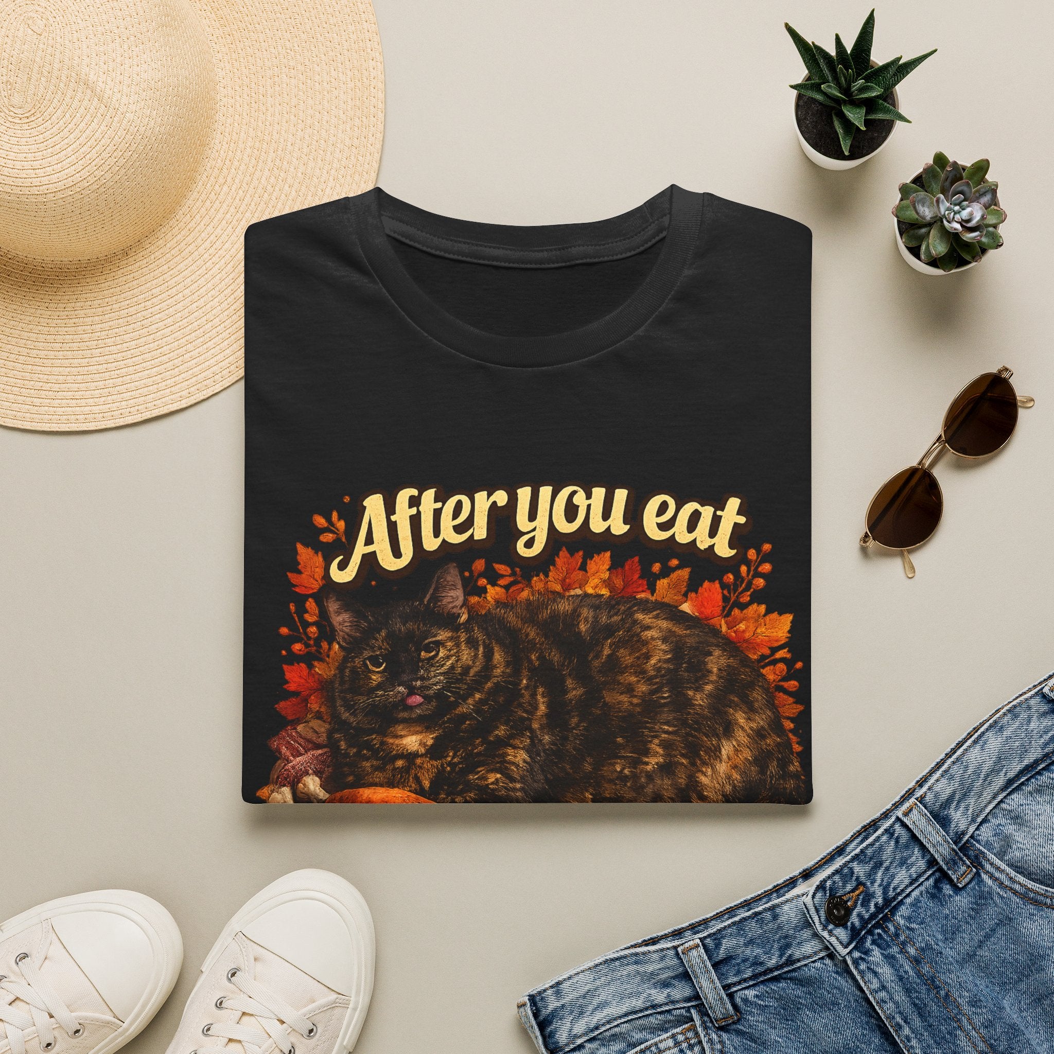 After You Eat Turkey T-Shirt | Cat Thanksgiving Design, Fall Leaves
