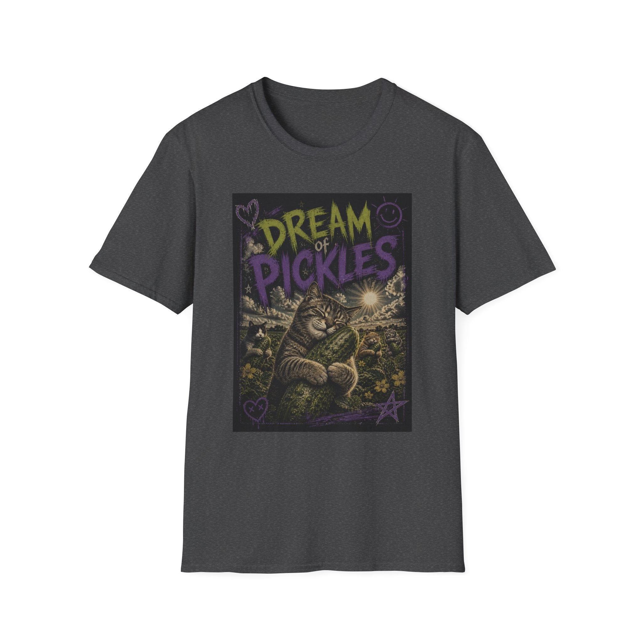 Dream of Pickles cat illustration T-Shirt | whimsical night scene, purple text