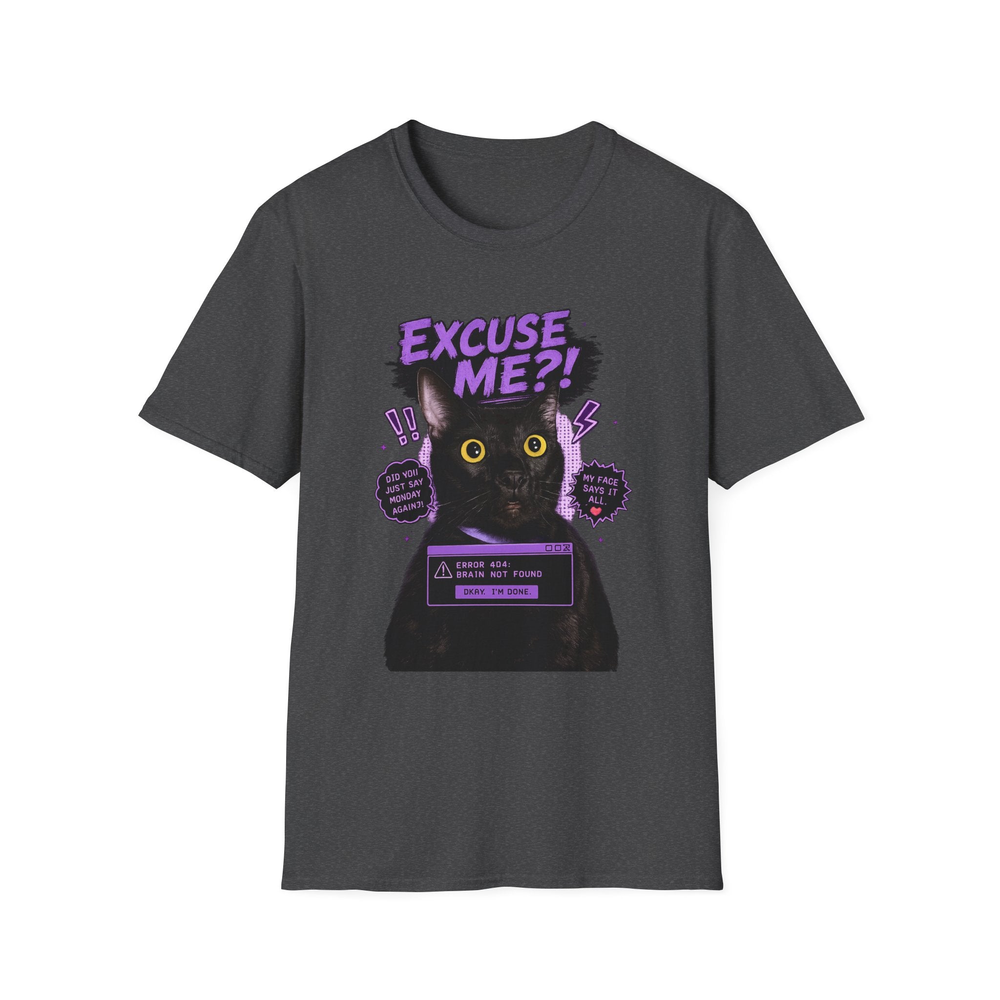 Excuse Me?! Black Cat Graphic T-Shirt | Retro Purple Horror Pop Art