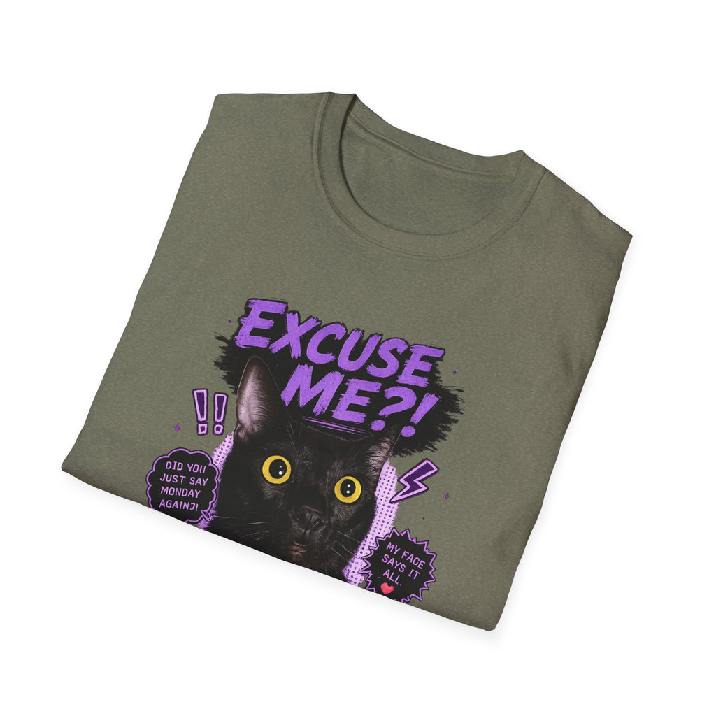 Excuse Me?! Black Cat Graphic T-Shirt | Retro Purple Horror Pop Art