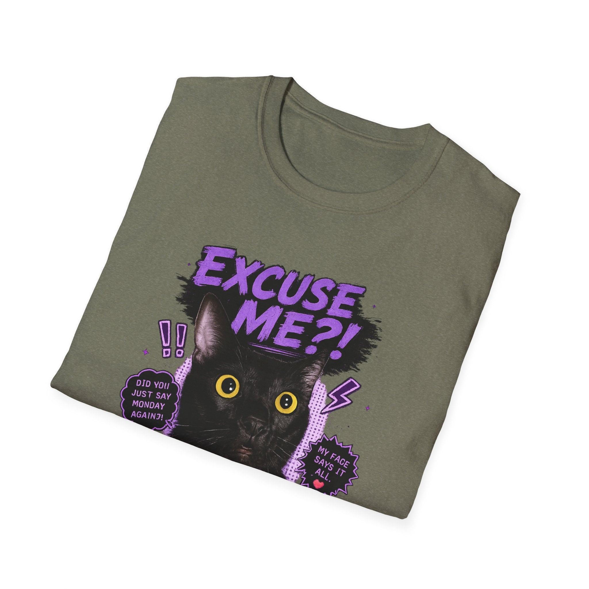 Excuse Me?! Black Cat Graphic T-Shirt | Retro Purple Horror Pop Art