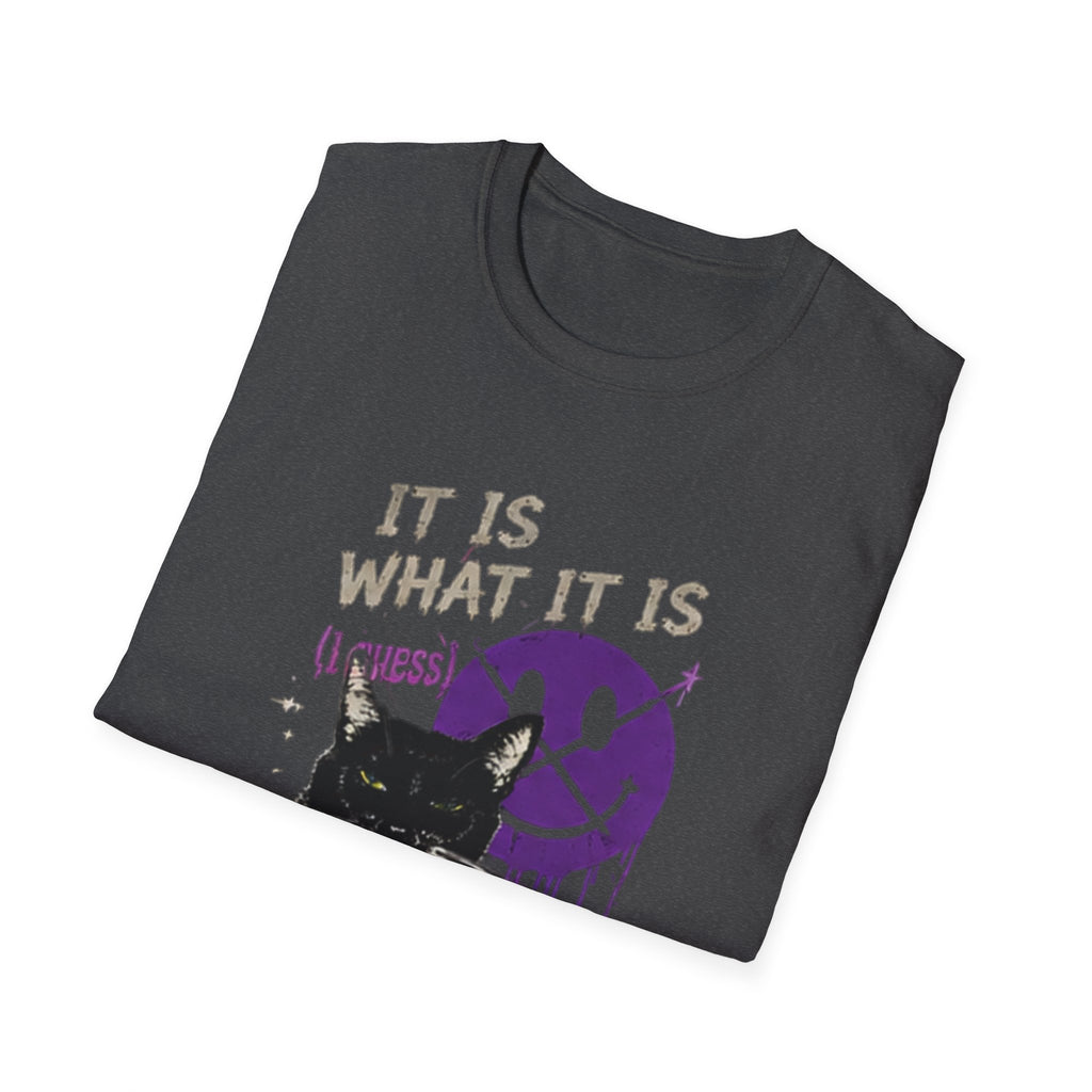 Grinning Black Cat with Purple Drip Smiley T-Shirt | It Is What It Is