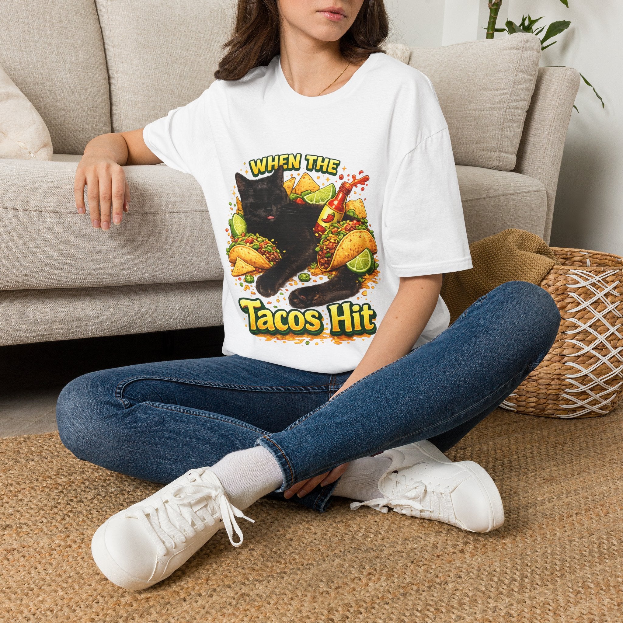 When The Tacos Hit T-Shirt | Cat, Tacos, Hot Sauce, Funny Food Graphic