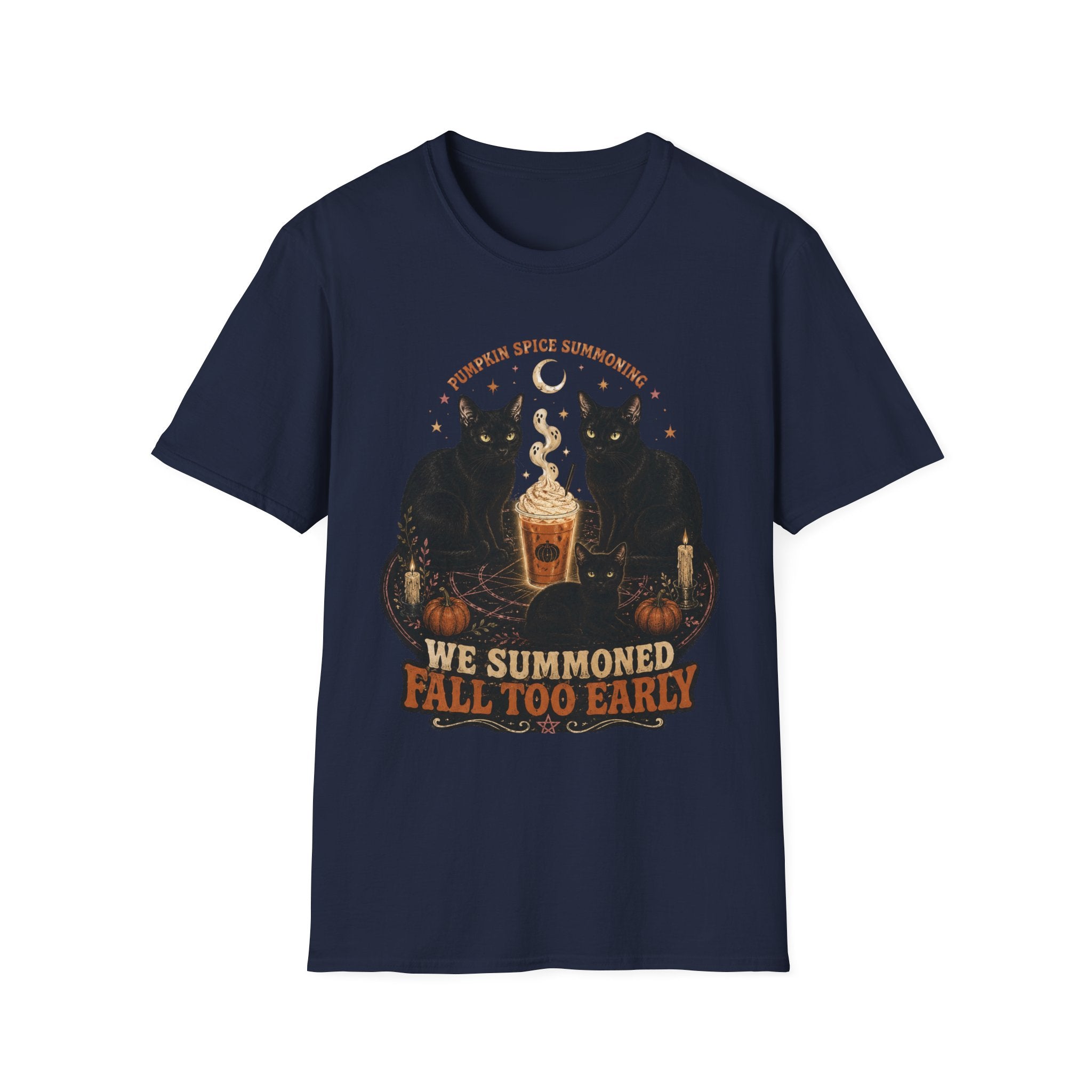 Pumpkin Spice Summoning T-Shirt | Black Cats, Fall Latte Illustration