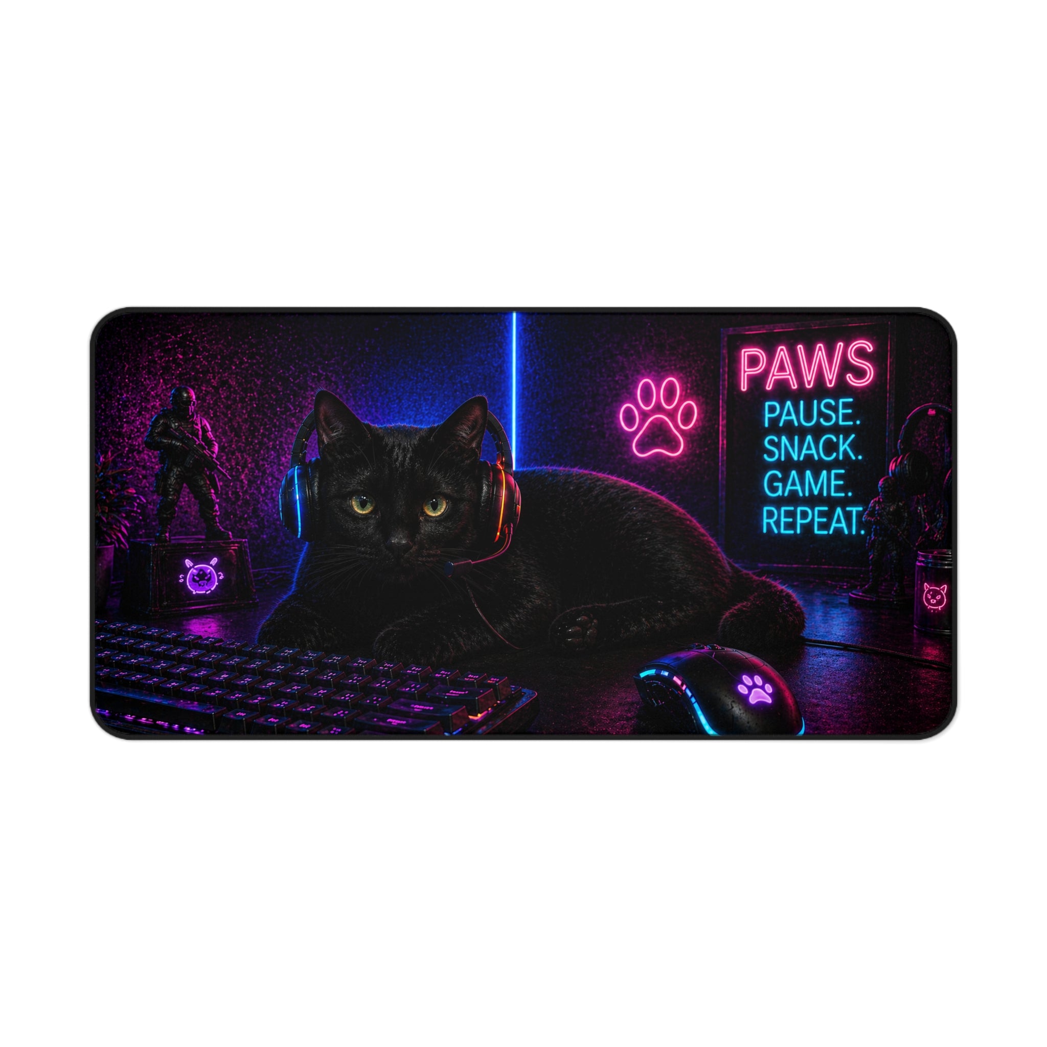 Paws Pause Snack Game Repeat Black Cat Desk Mat | Gaming Mouse Pad