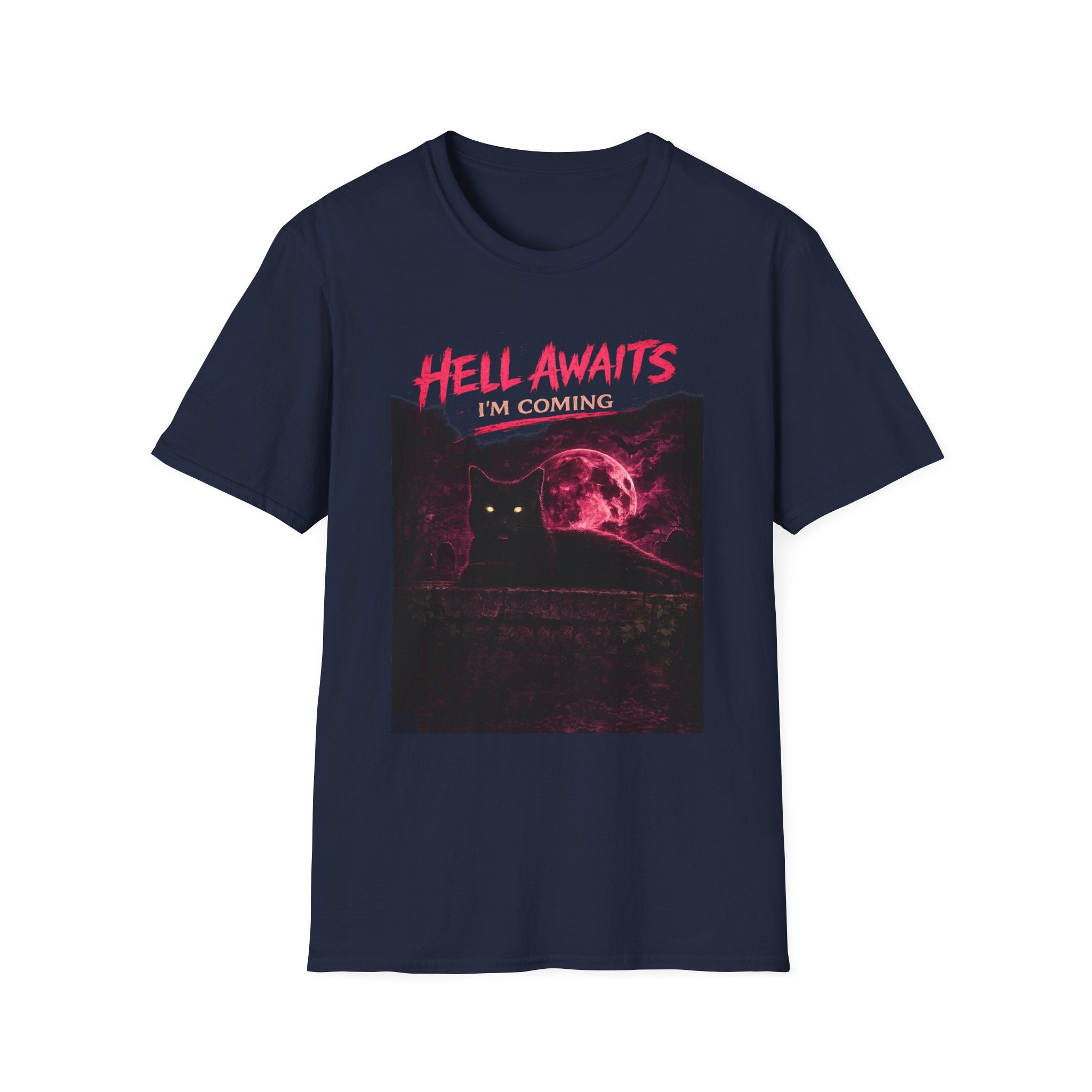 Hell Awaits I'm Coming cat graphic T-Shirt | Gothic moon, neon pink horror