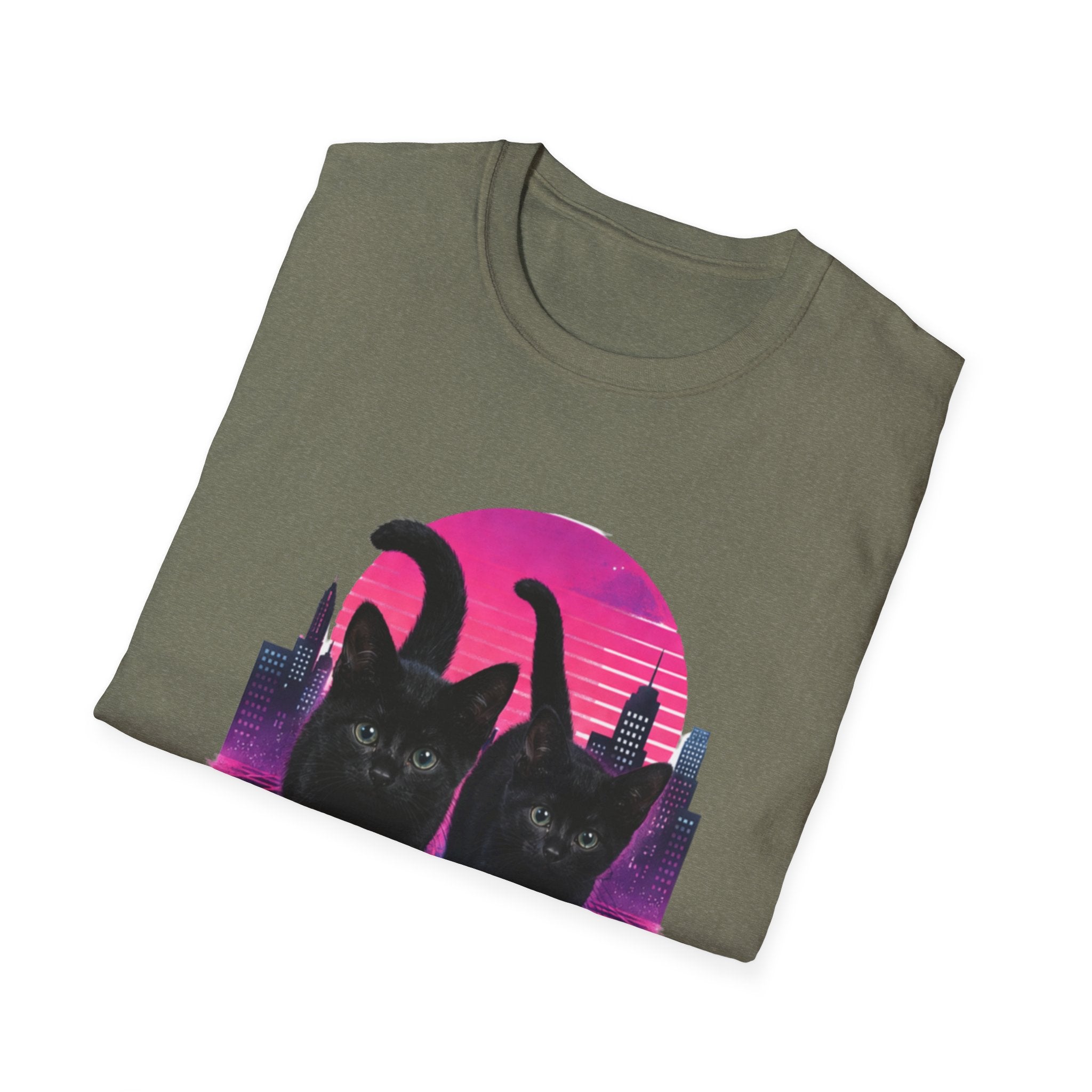 Retro Vaporwave Black Cats T-Shirt | Neon Sunset City