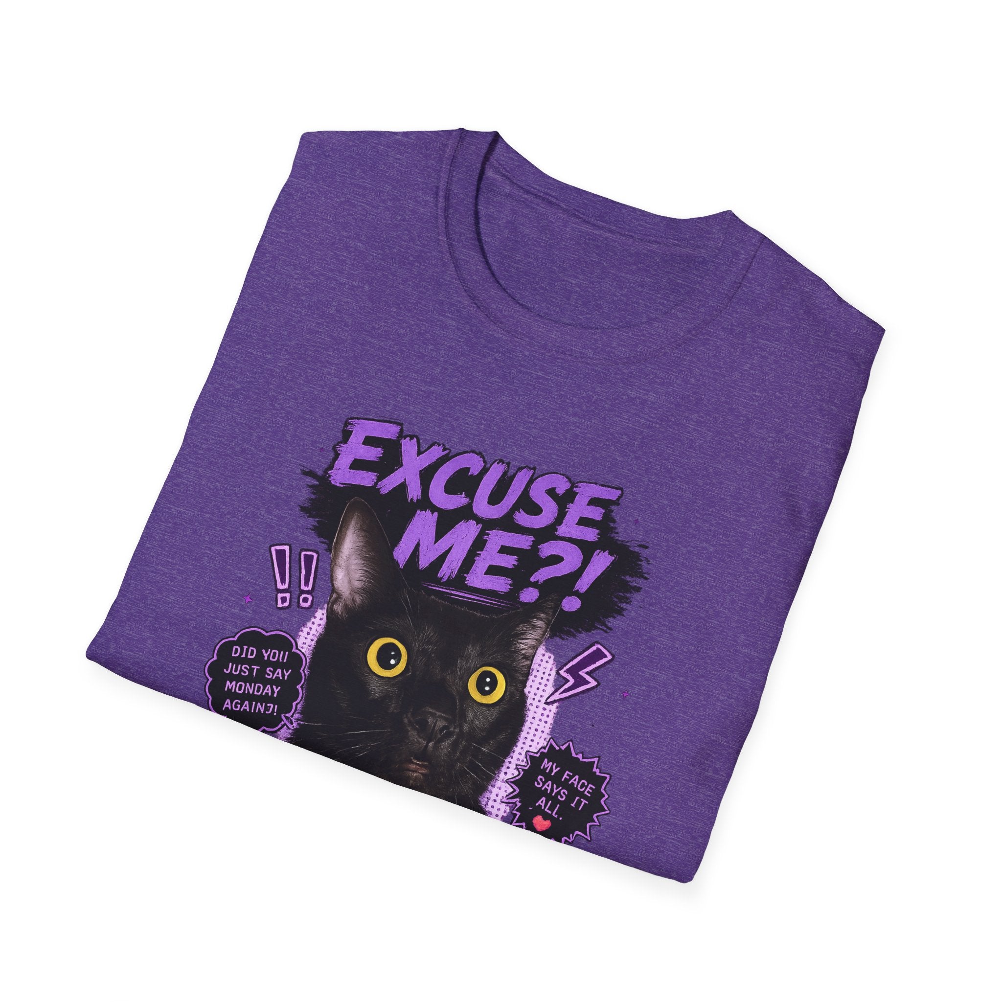 Excuse Me?! Black Cat Graphic T-Shirt | Retro Purple Horror Pop Art