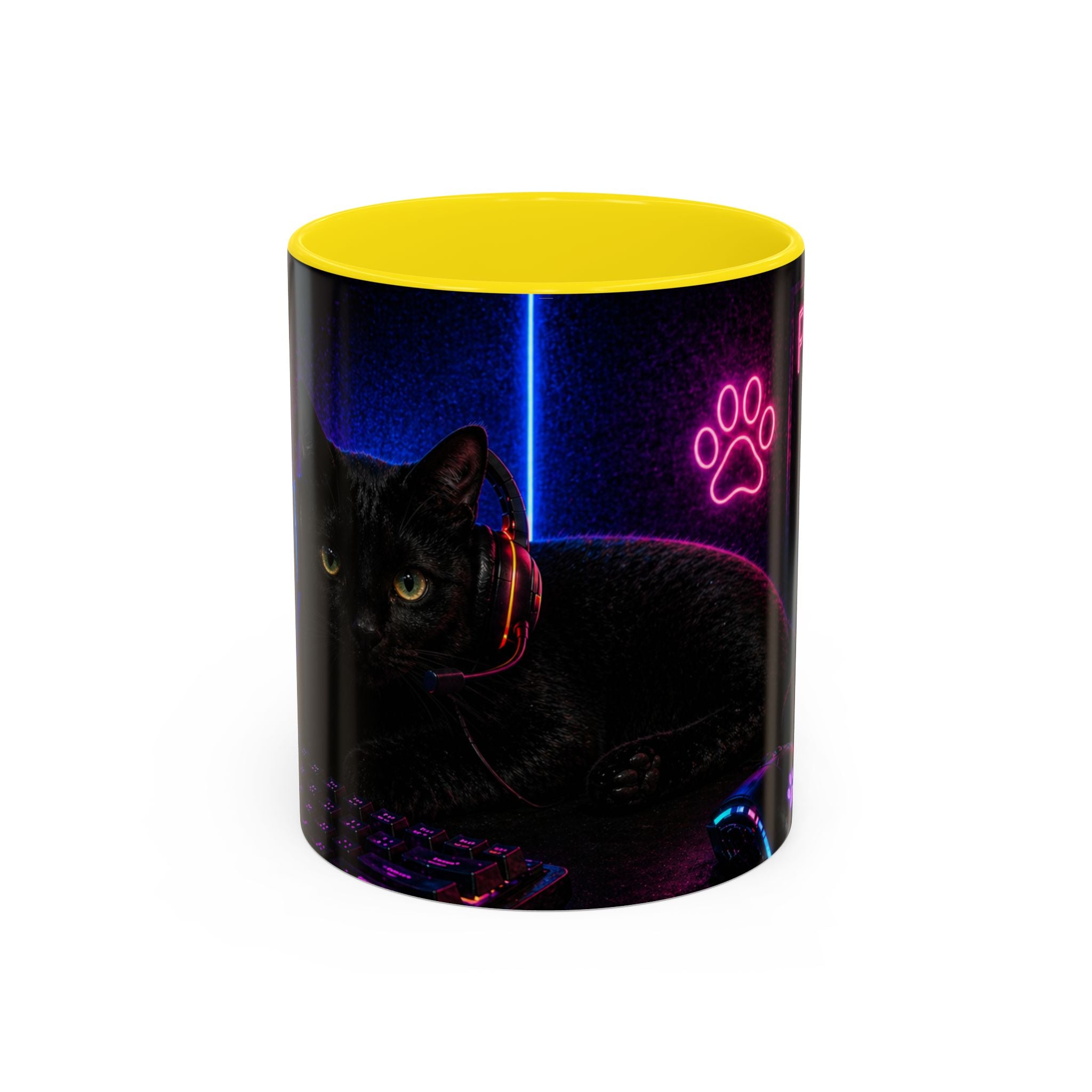 PAWS Pause Snack Game Repeat Cat Coffee Mug | Neon Gaming Cat Mug