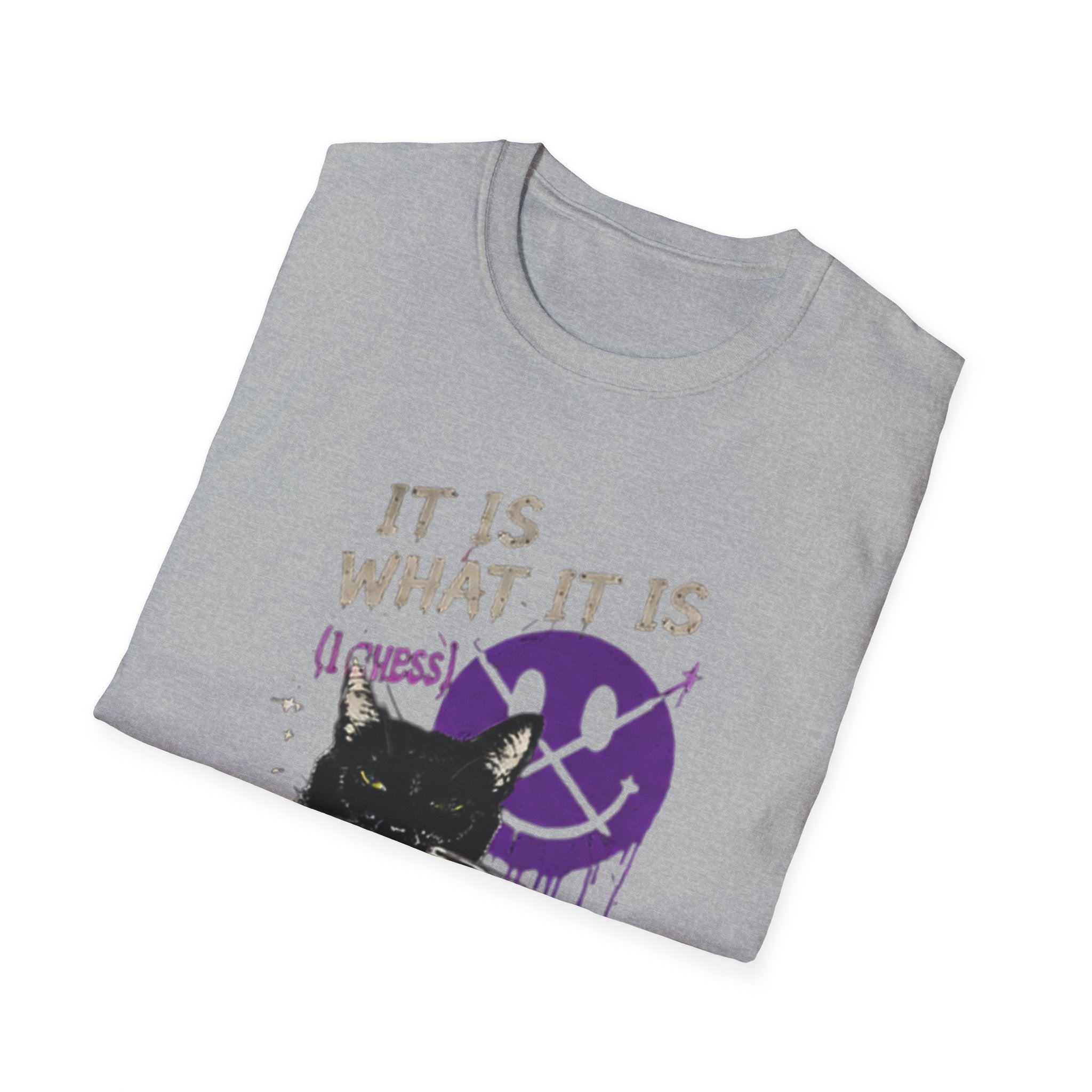 Grinning Black Cat with Purple Drip Smiley T-Shirt | It Is What It Is