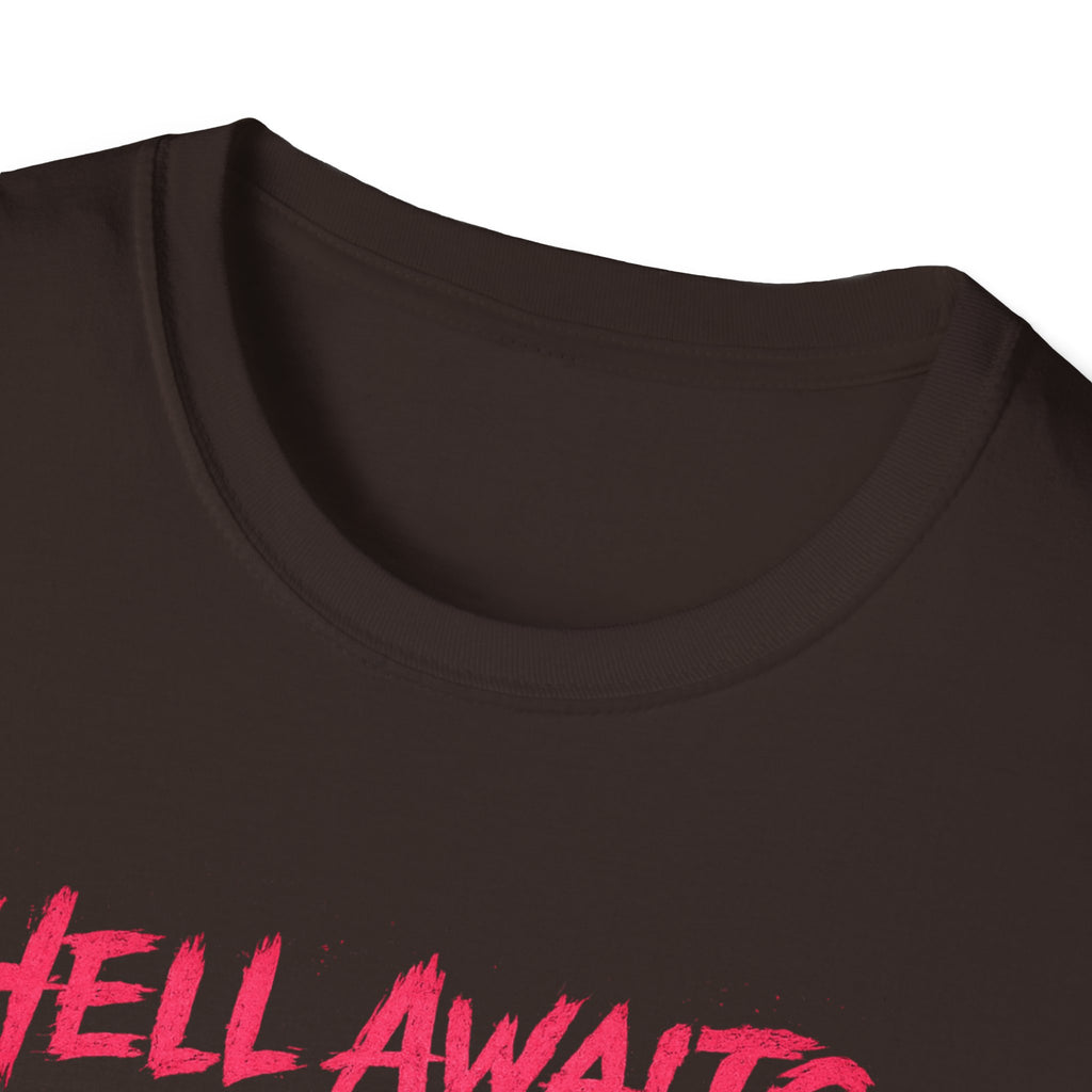 Hell Awaits I'm Coming cat graphic T-Shirt | Gothic moon, neon pink horror