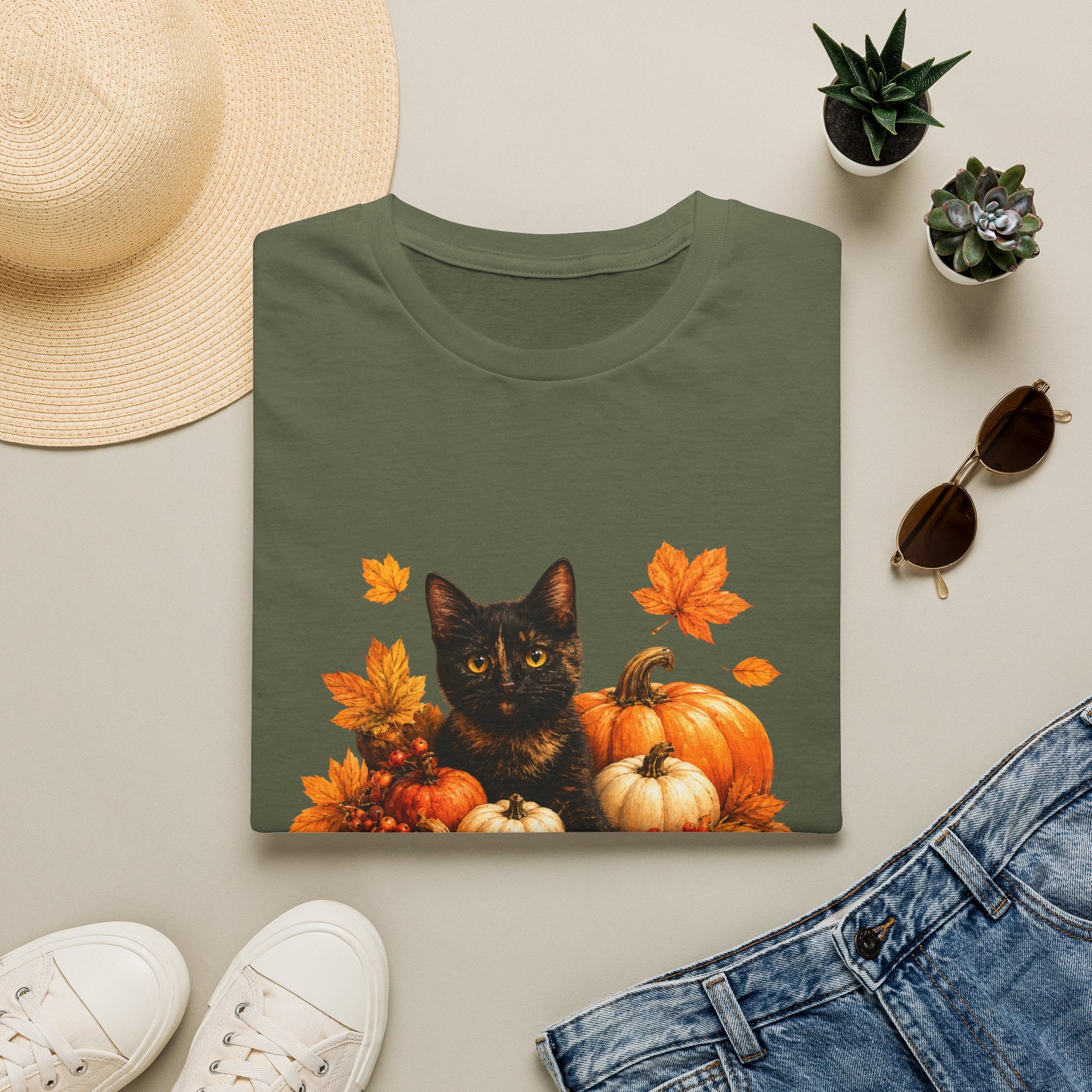 Black Kitten with Pumpkins T-Shirt | Autumn Fall Cat Pumpkin Shirt