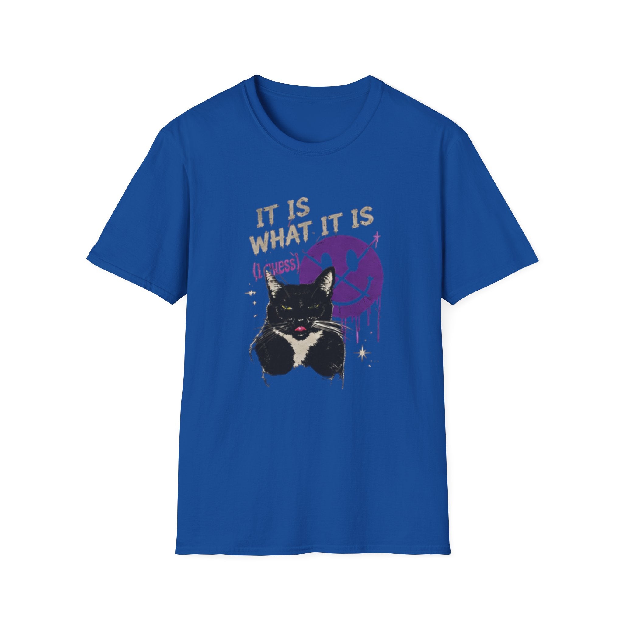 Grinning Black Cat with Purple Drip Smiley T-Shirt | It Is What It Is
