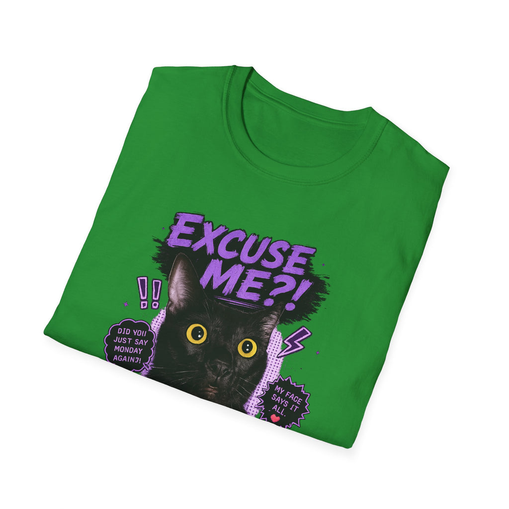 Excuse Me?! Black Cat Graphic T-Shirt | Retro Purple Horror Pop Art
