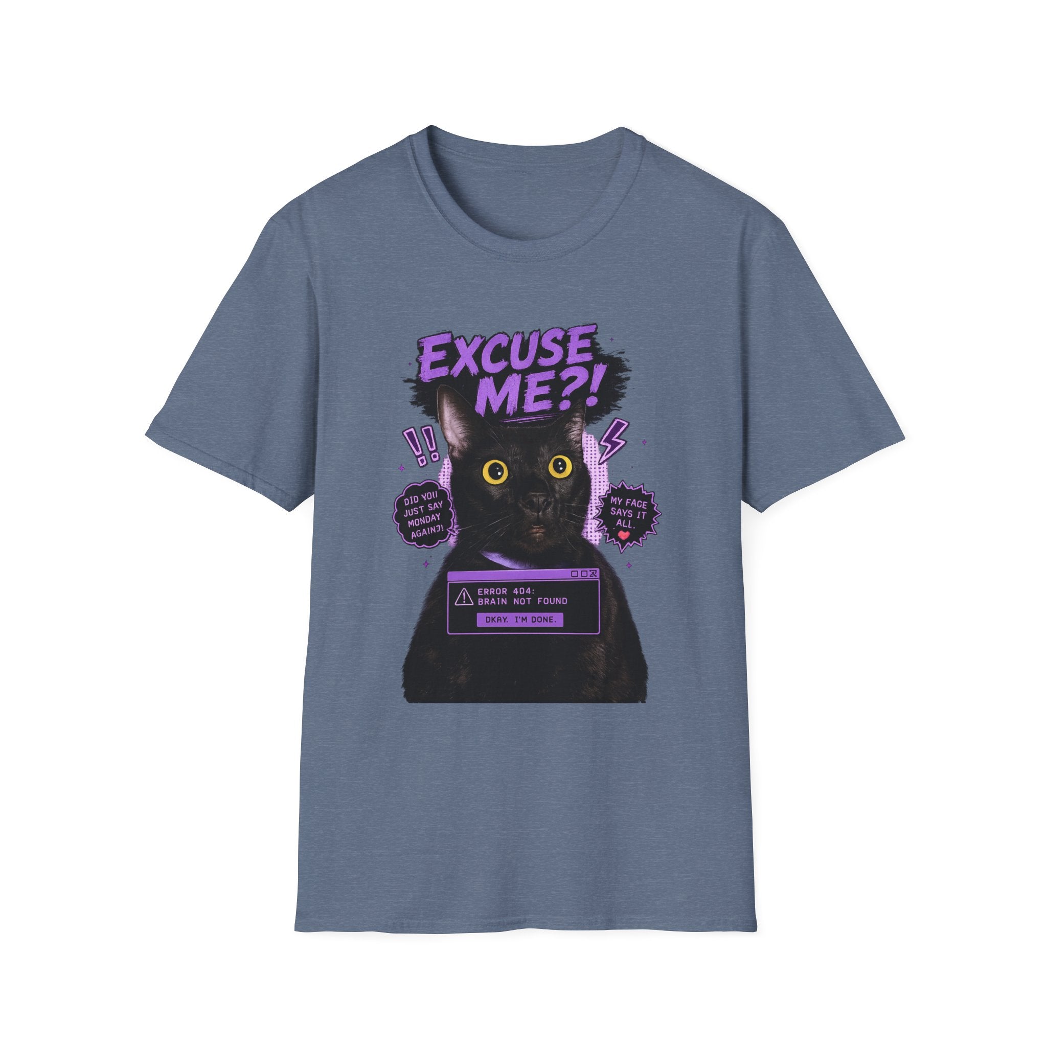 Excuse Me?! Black Cat Graphic T-Shirt | Retro Purple Horror Pop Art