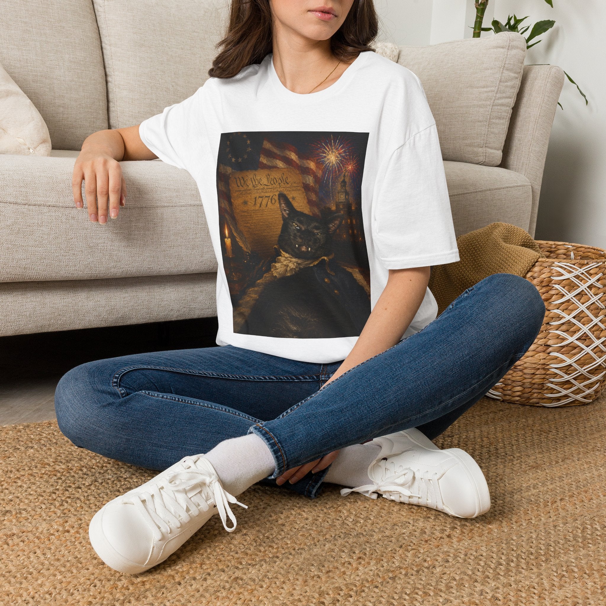Liberty Cat 1776 T-Shirt | American Flag, Fireworks, Declaration of Independence Black Cat Fangs