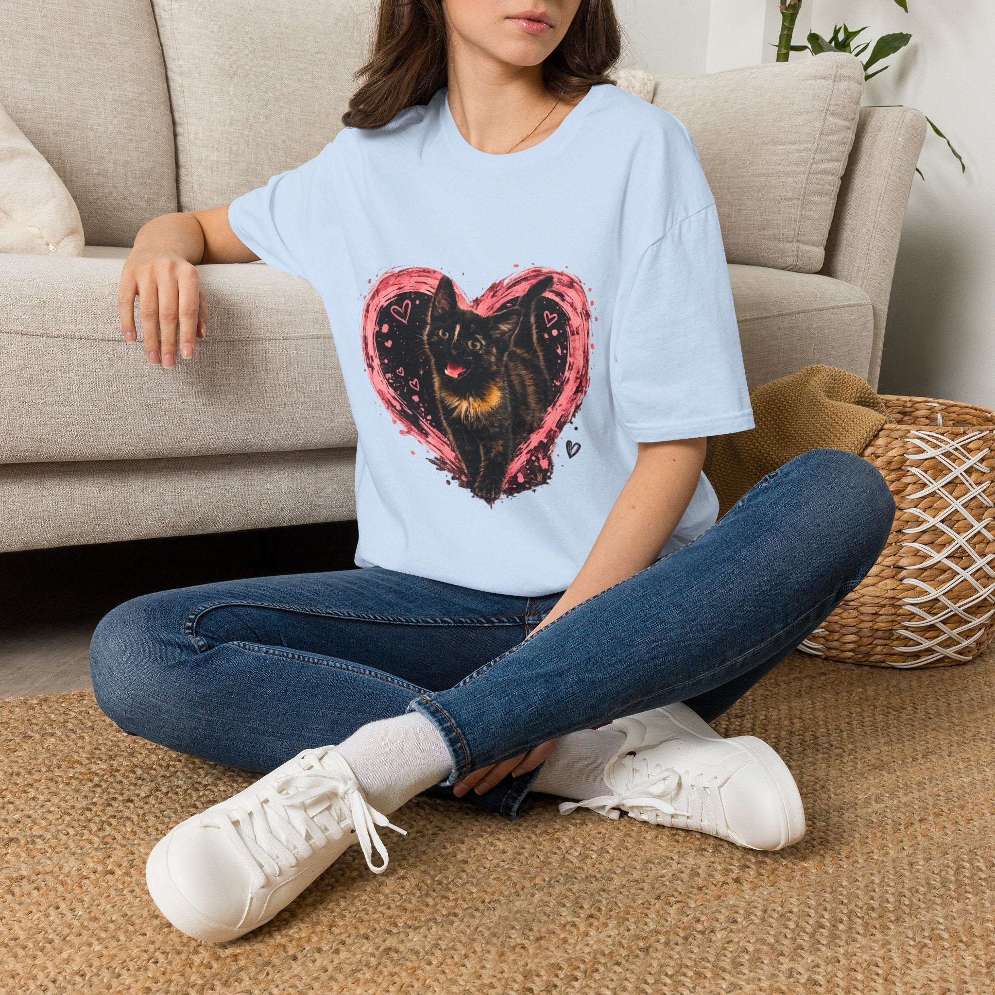 Black Cat in Pink Heart T-Shirt | Cute Cat Portrait Tee