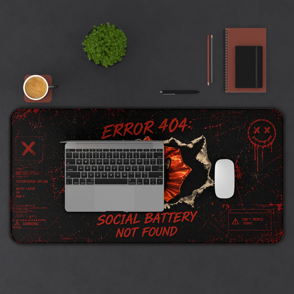 Error 404 Social Battery Not Found Desk Mat | Black Cat Desk Pad