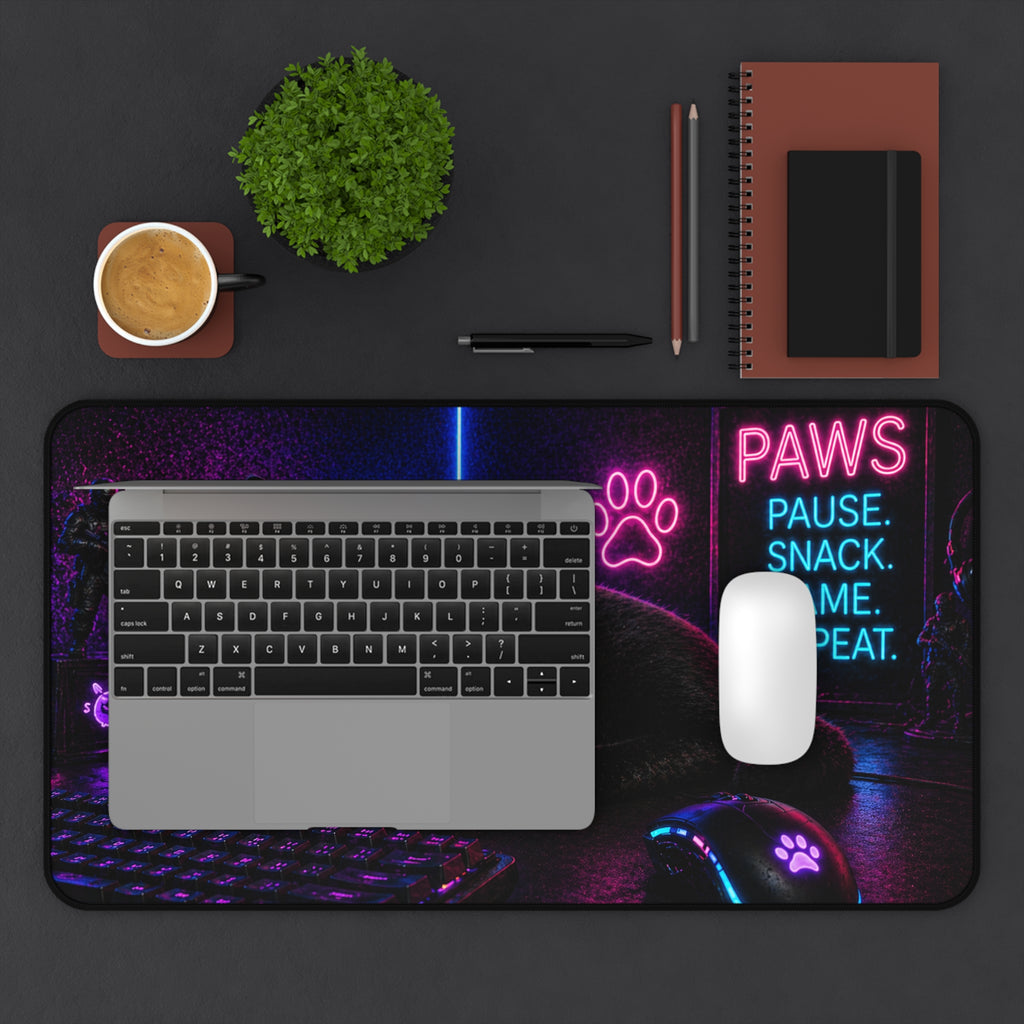 Paws Pause Snack Game Repeat Black Cat Desk Mat | Gaming Mouse Pad