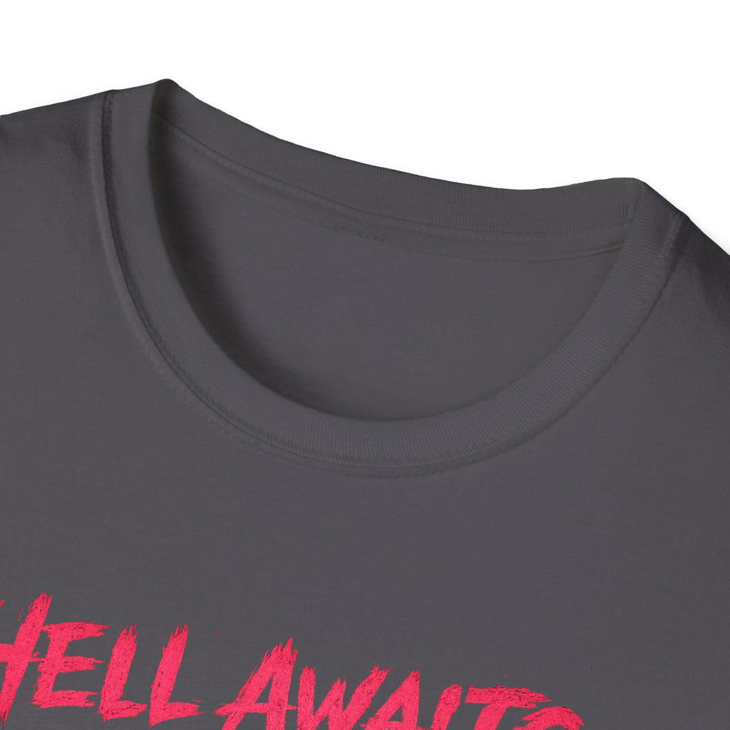 Hell Awaits I'm Coming cat graphic T-Shirt | Gothic moon, neon pink horror