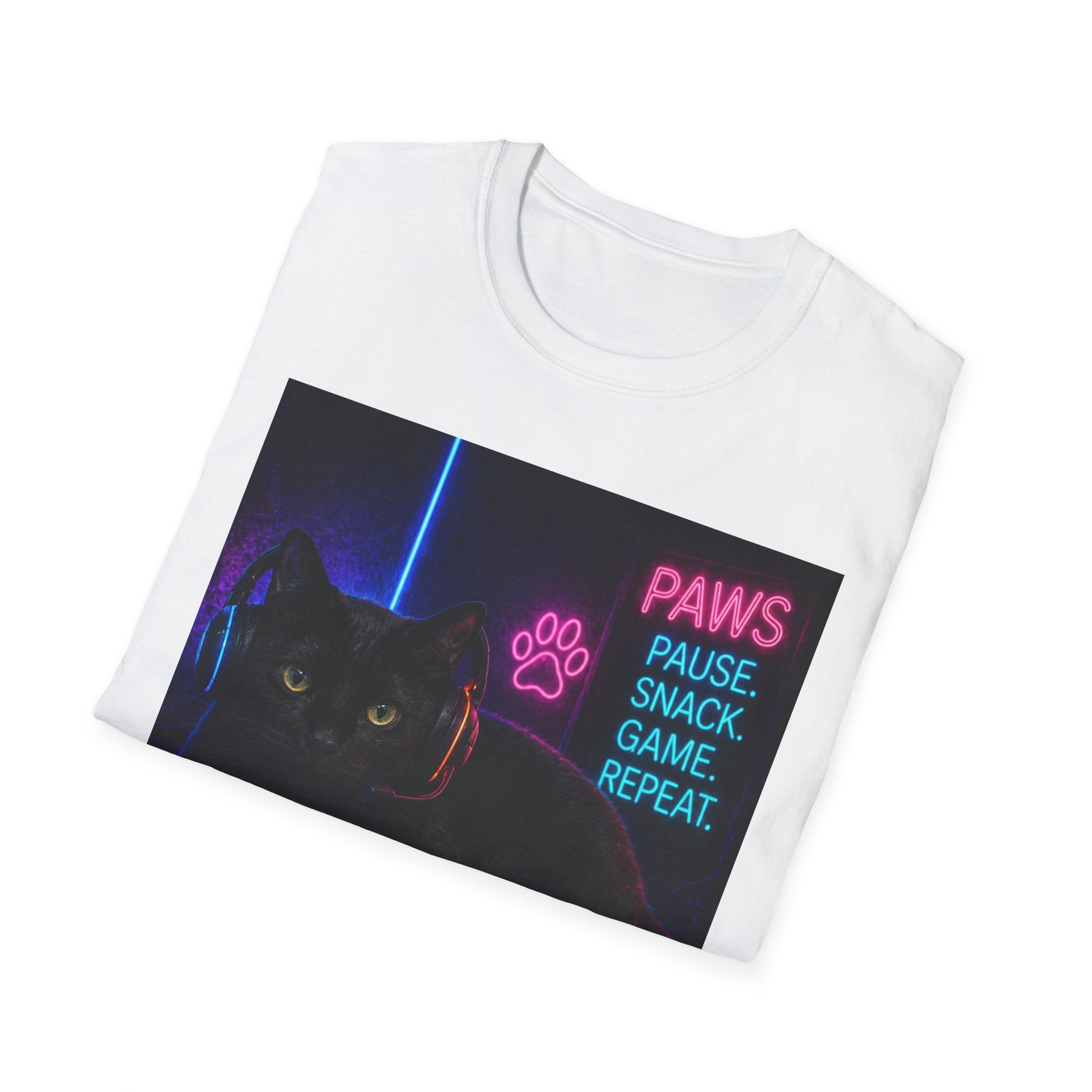Paws Pause Snack Game Repeat T-Shirt | Cat Gamer Neon Design