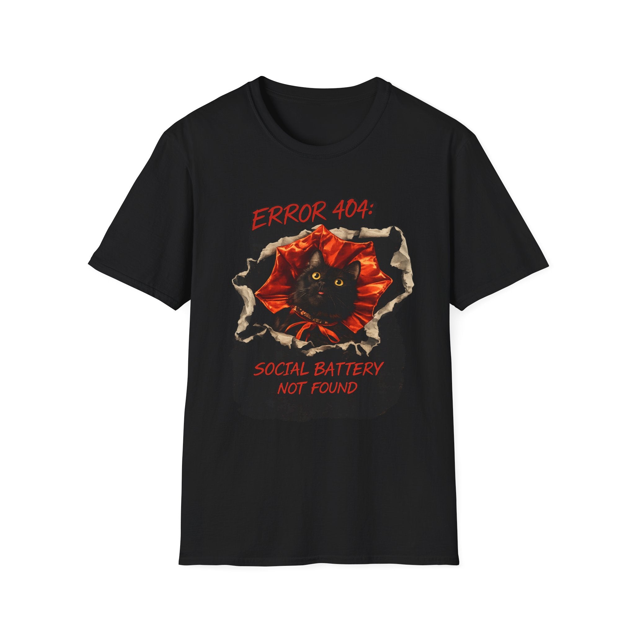 Error 404 Black Cat in Red Flower T-Shirt | Social Battery Not Found