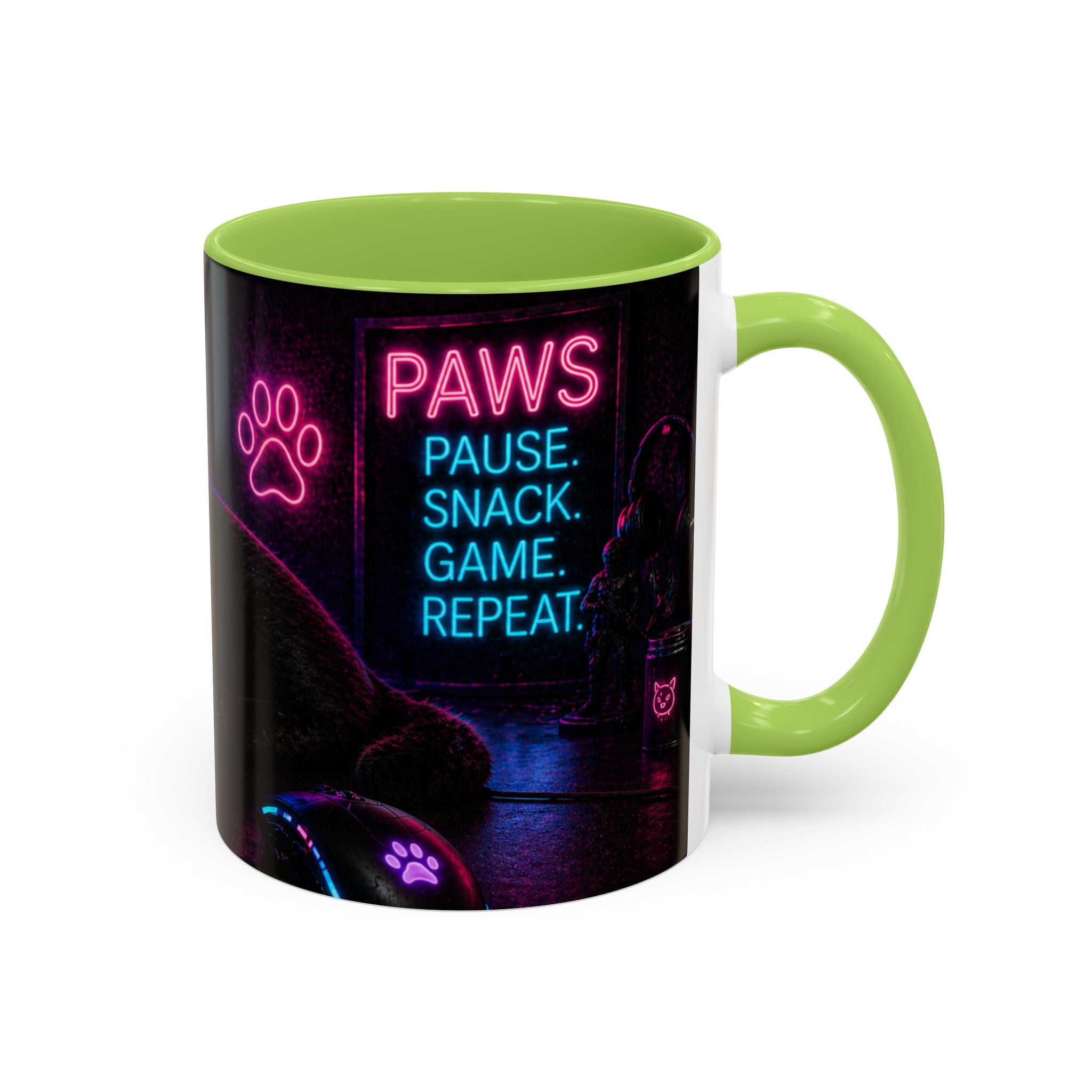 PAWS Pause Snack Game Repeat Cat Coffee Mug | Neon Gaming Cat Mug