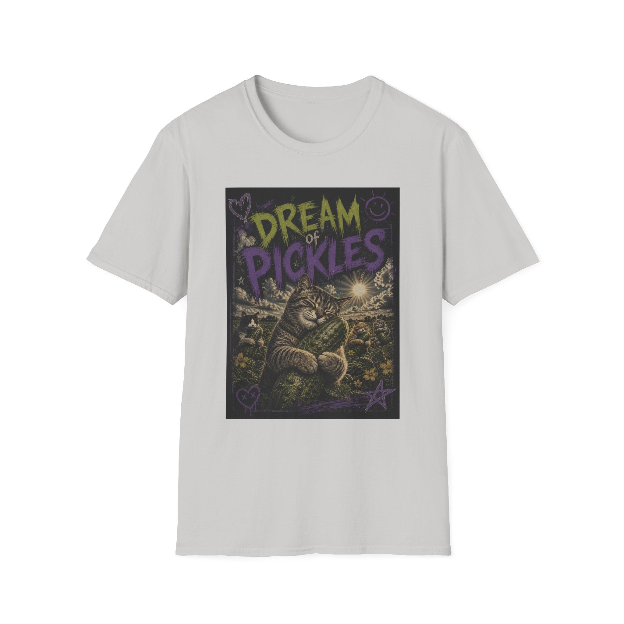 Dream of Pickles cat illustration T-Shirt | whimsical night scene, purple text