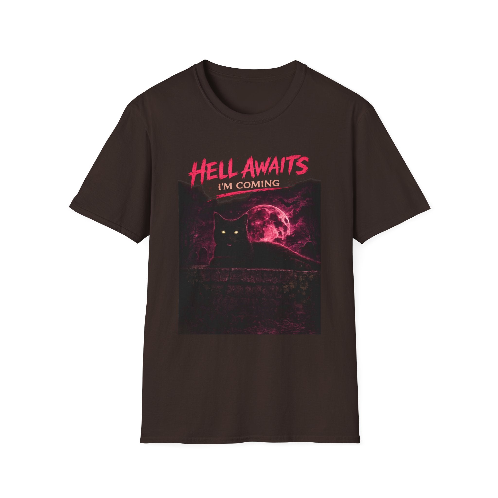 Hell Awaits I'm Coming cat graphic T-Shirt | Gothic moon, neon pink horror