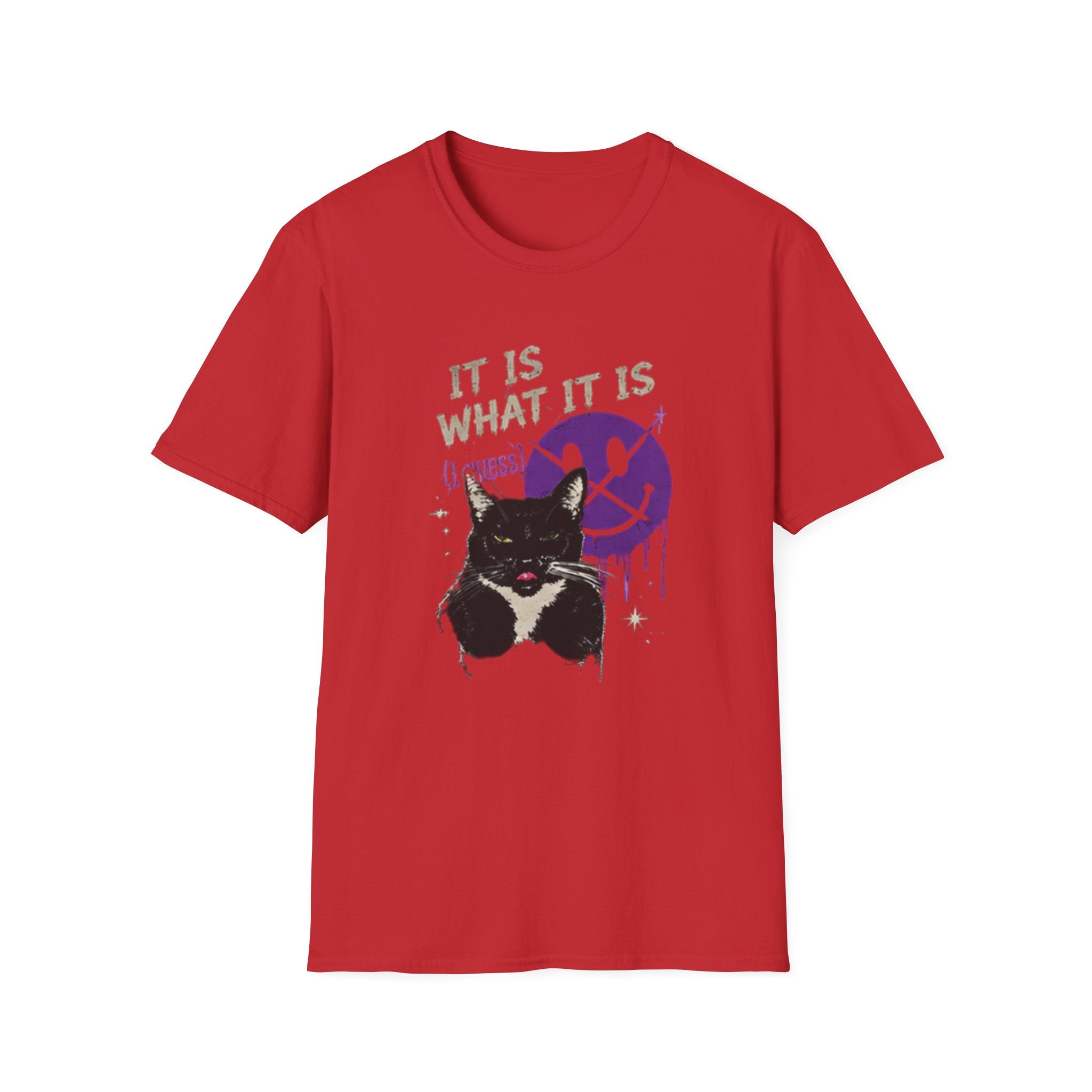 Grinning Black Cat with Purple Drip Smiley T-Shirt | It Is What It Is