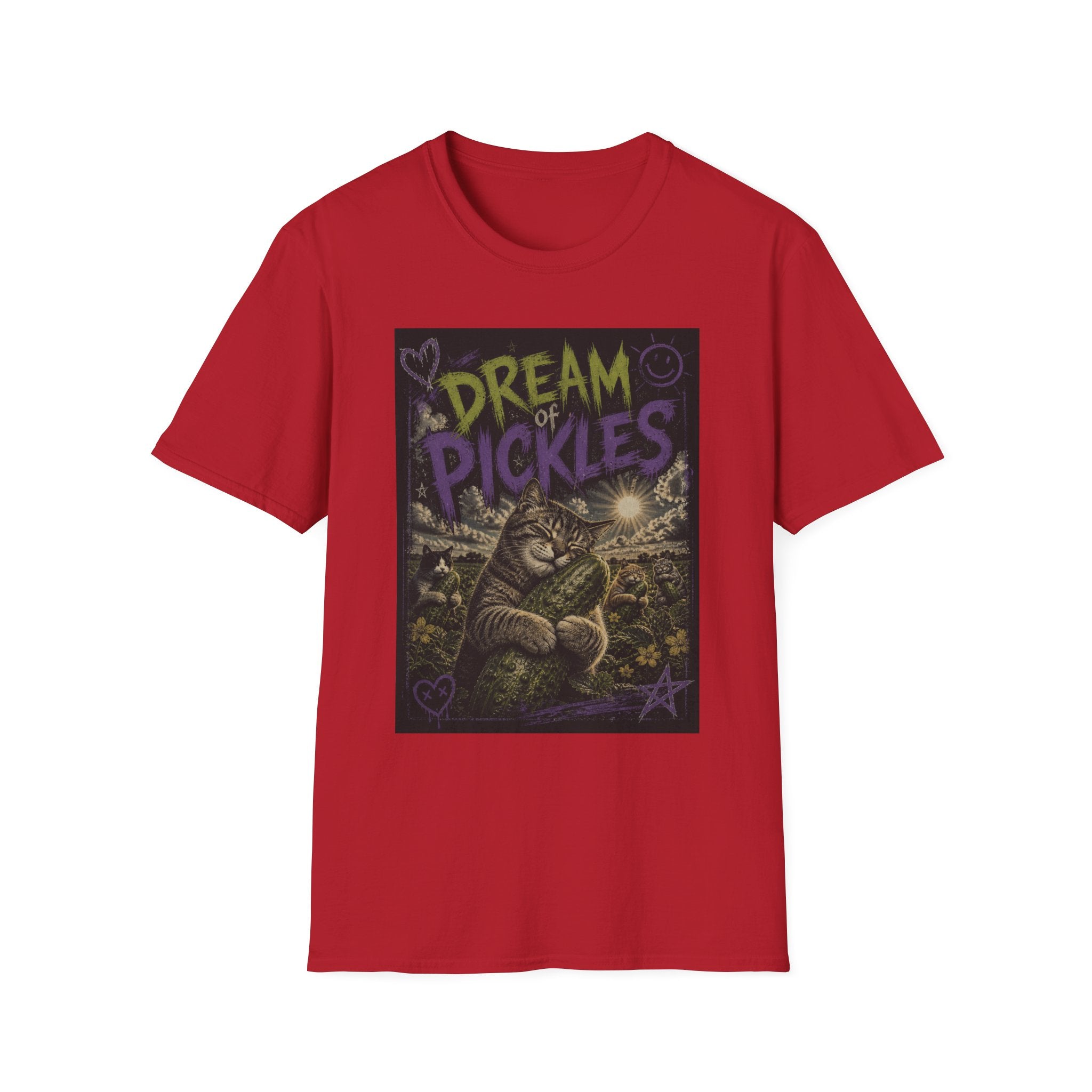 Dream of Pickles cat illustration T-Shirt | whimsical night scene, purple text