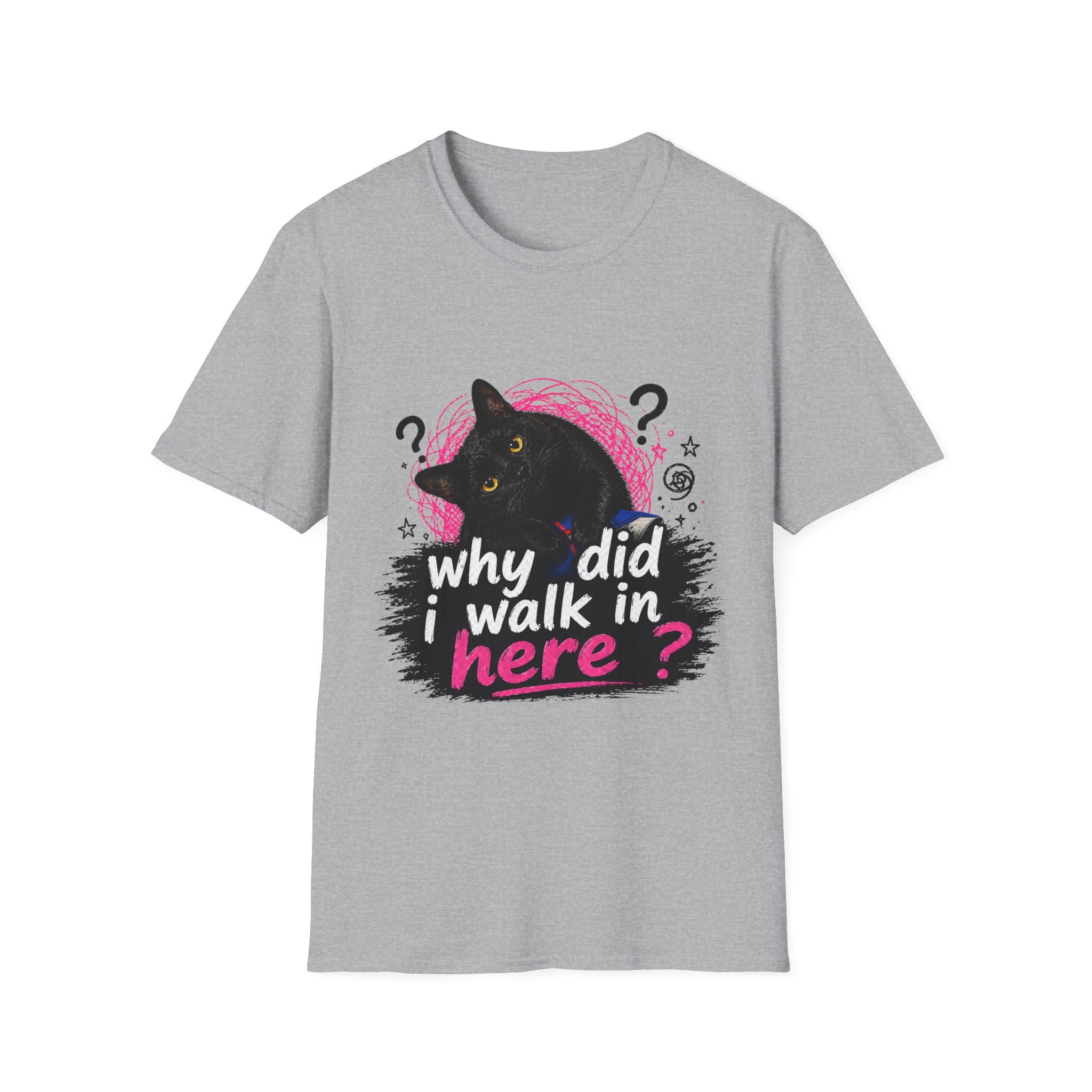 Confused Black Cat why did I walk in here? T-Shirt | Cat Humor Tee