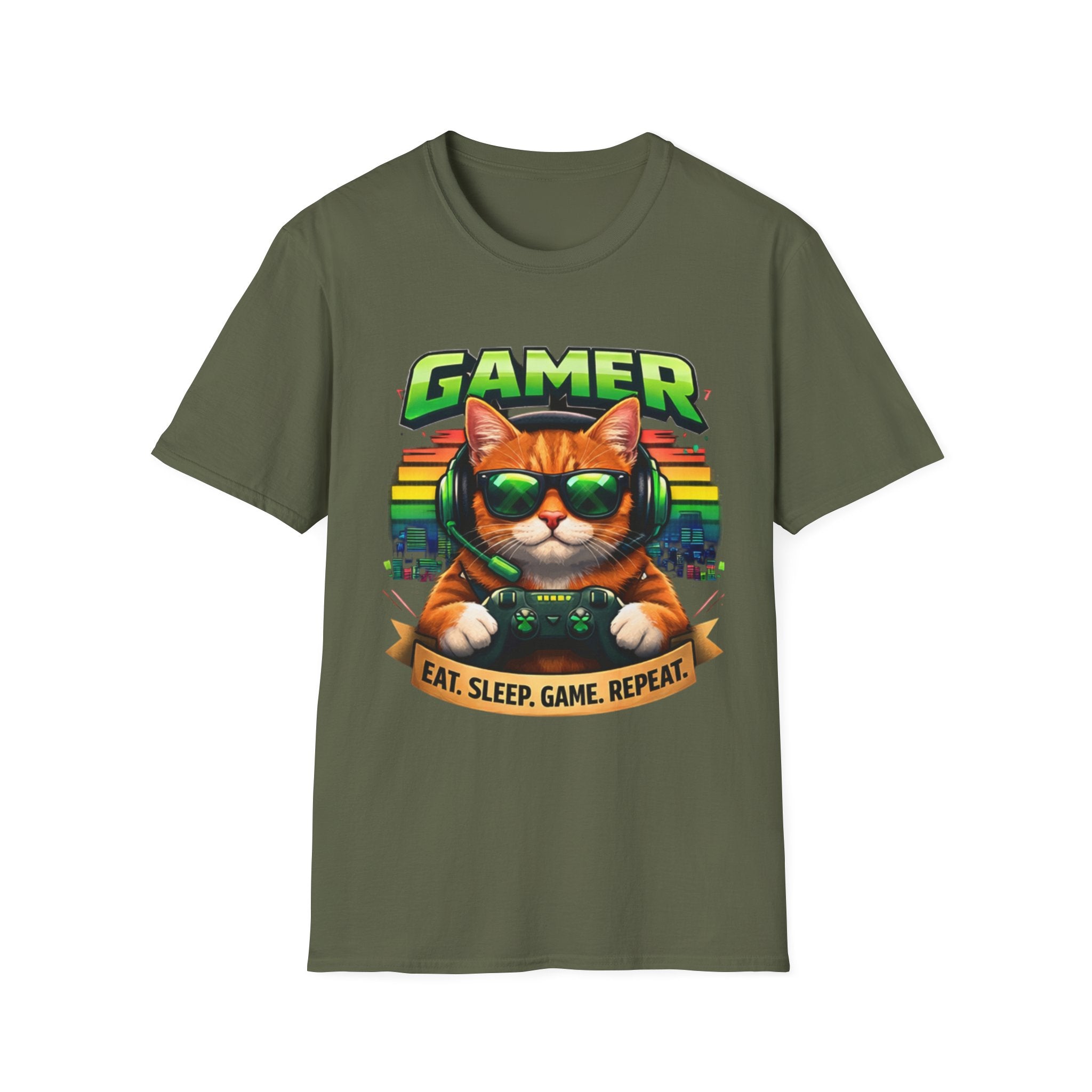 Gamer Cat with Controller T-Shirt | Eat Sleep Game Repeat