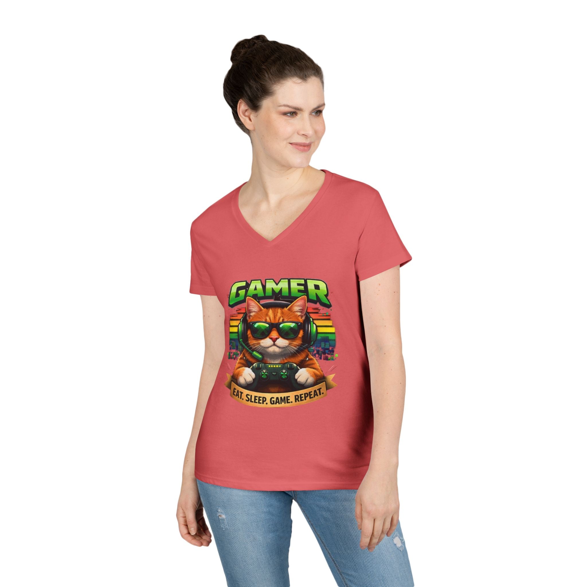 Gamer Cat Graphic Tee Ladies V-Neck T-Shirt | Retro Controller, Eat Sleep Game Repeat