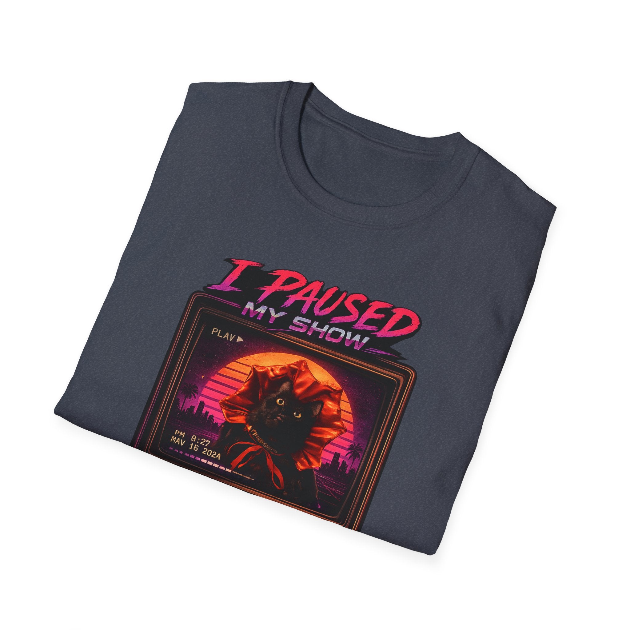 I Paused My Show Cat Watching Graphic T-Shirt | Retro Synthwave TV Design