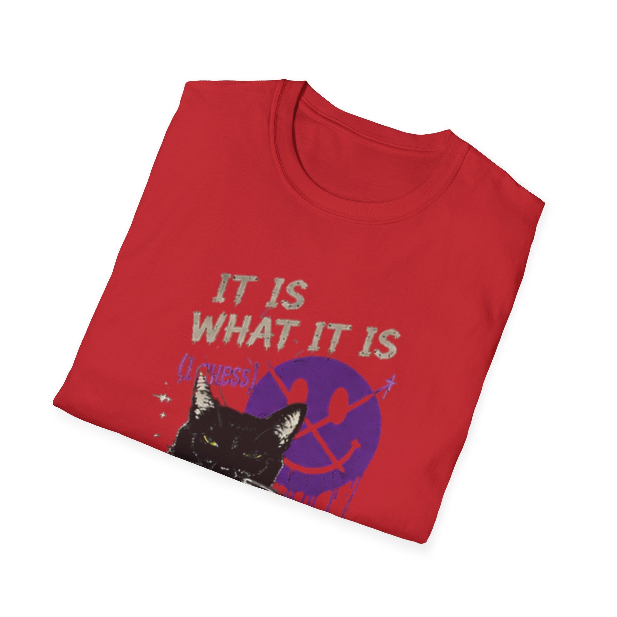 Grinning Black Cat with Purple Drip Smiley T-Shirt | It Is What It Is