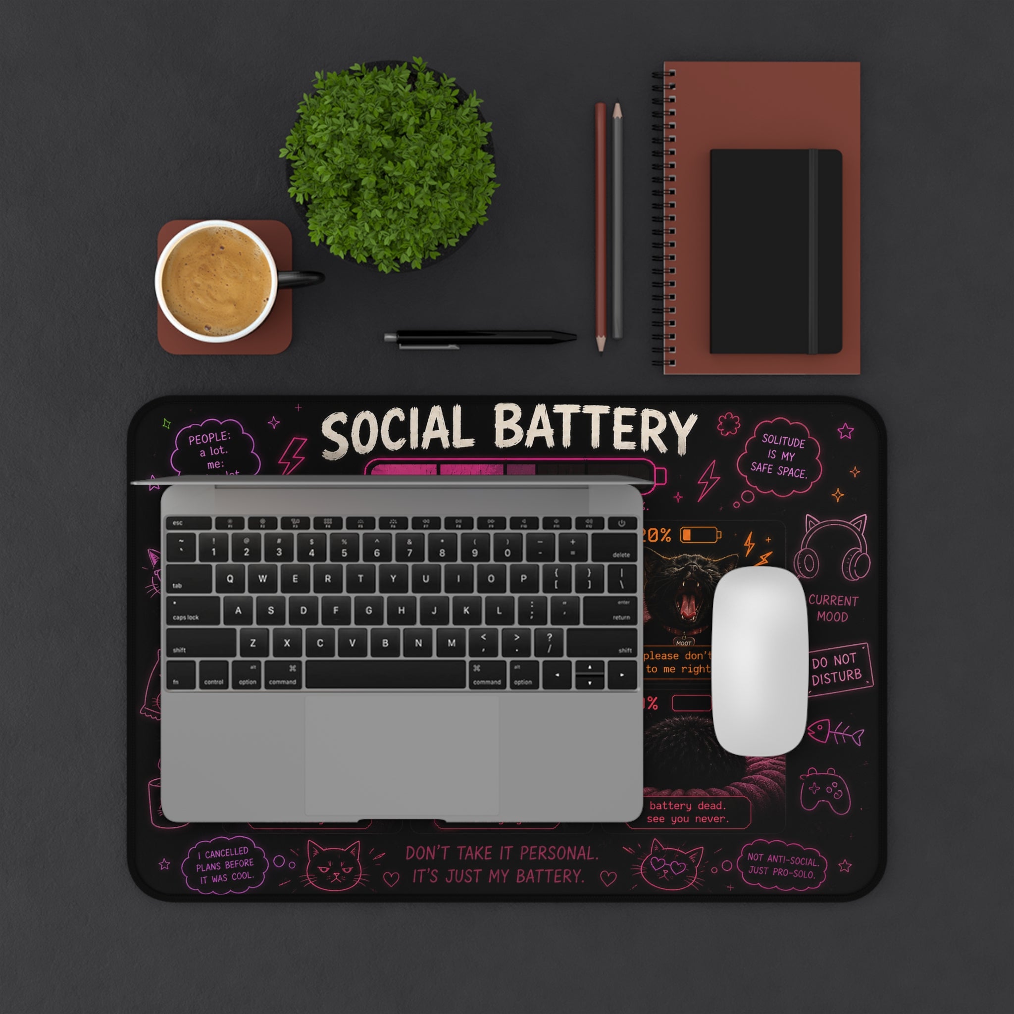 Social Battery Chart Desk Mat | Cat Battery Levels, Cute Mood Tracker