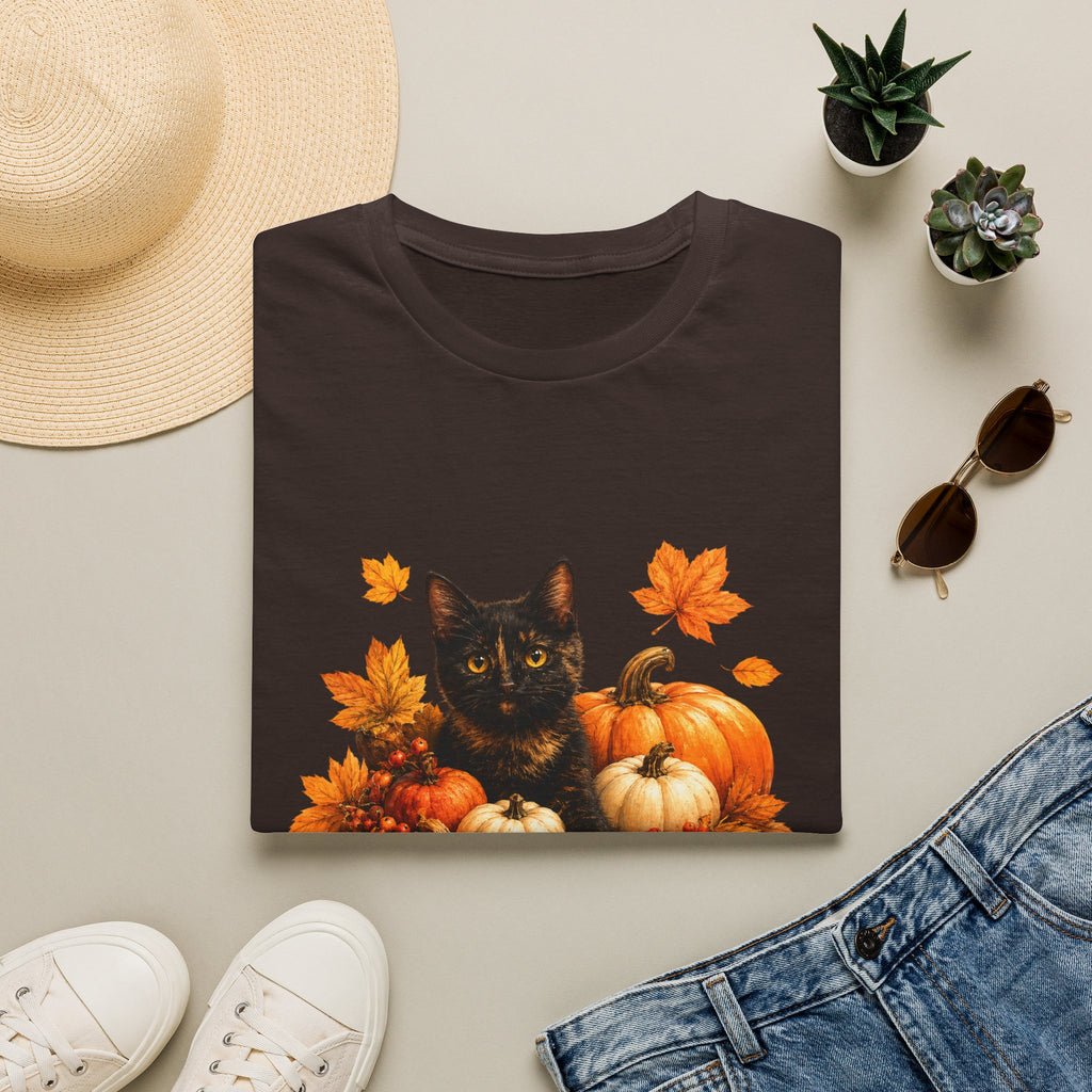 Black Kitten with Pumpkins T-Shirt | Autumn Fall Cat Pumpkin Shirt