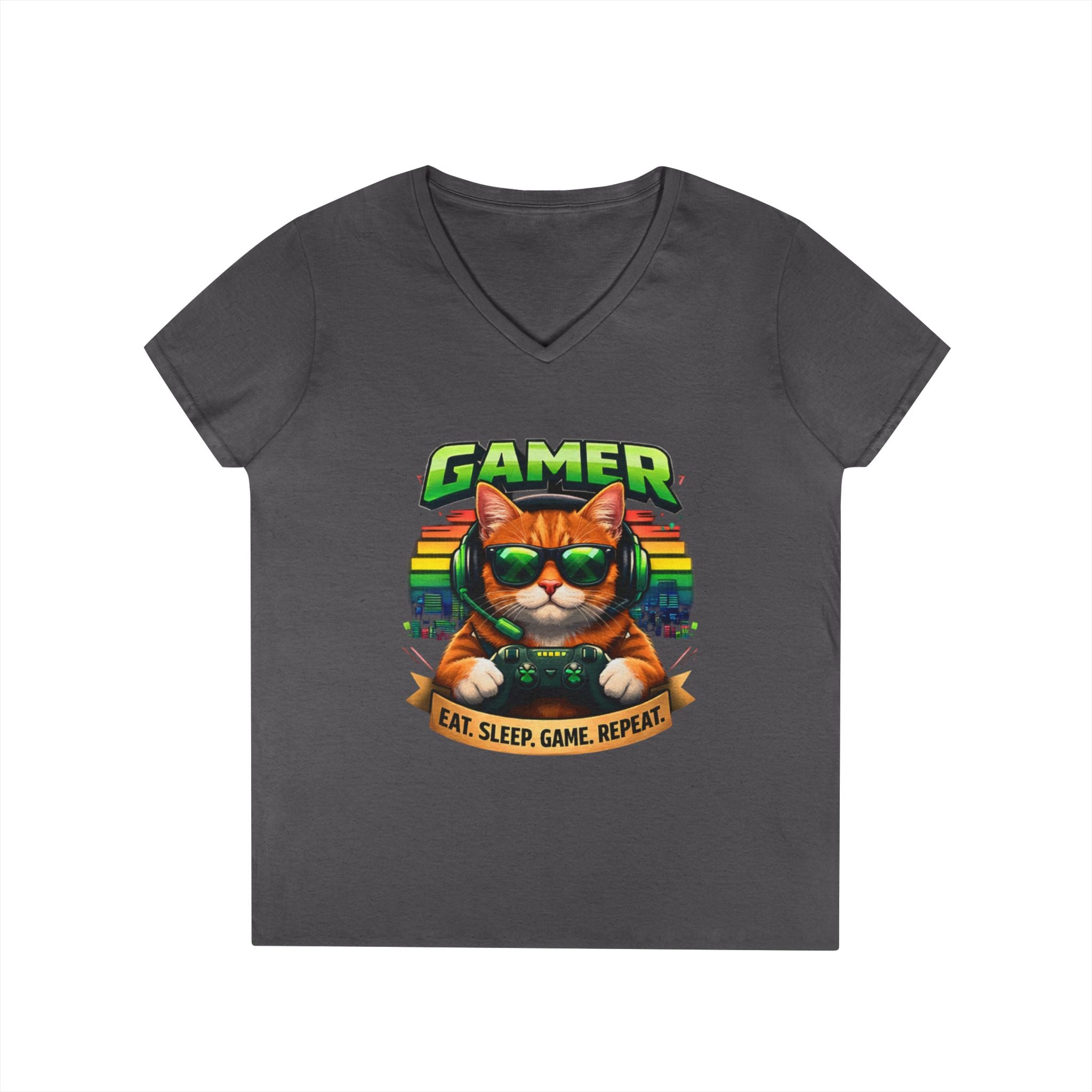 Gamer Cat Graphic Tee Ladies V-Neck T-Shirt | Retro Controller, Eat Sleep Game Repeat