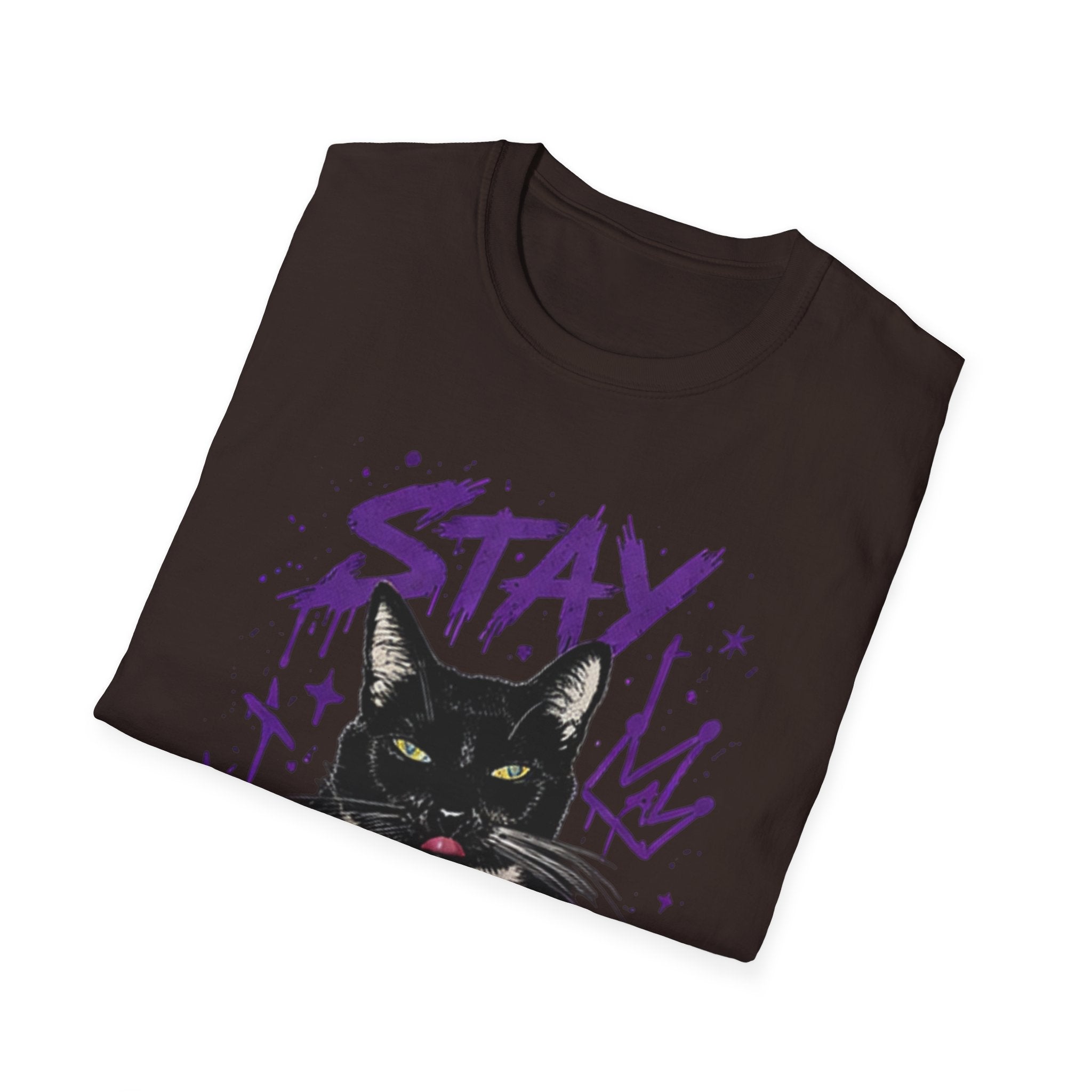 Stay Feral Cat Illustration T-Shirt | Black Cat, Purple Graffiti Text